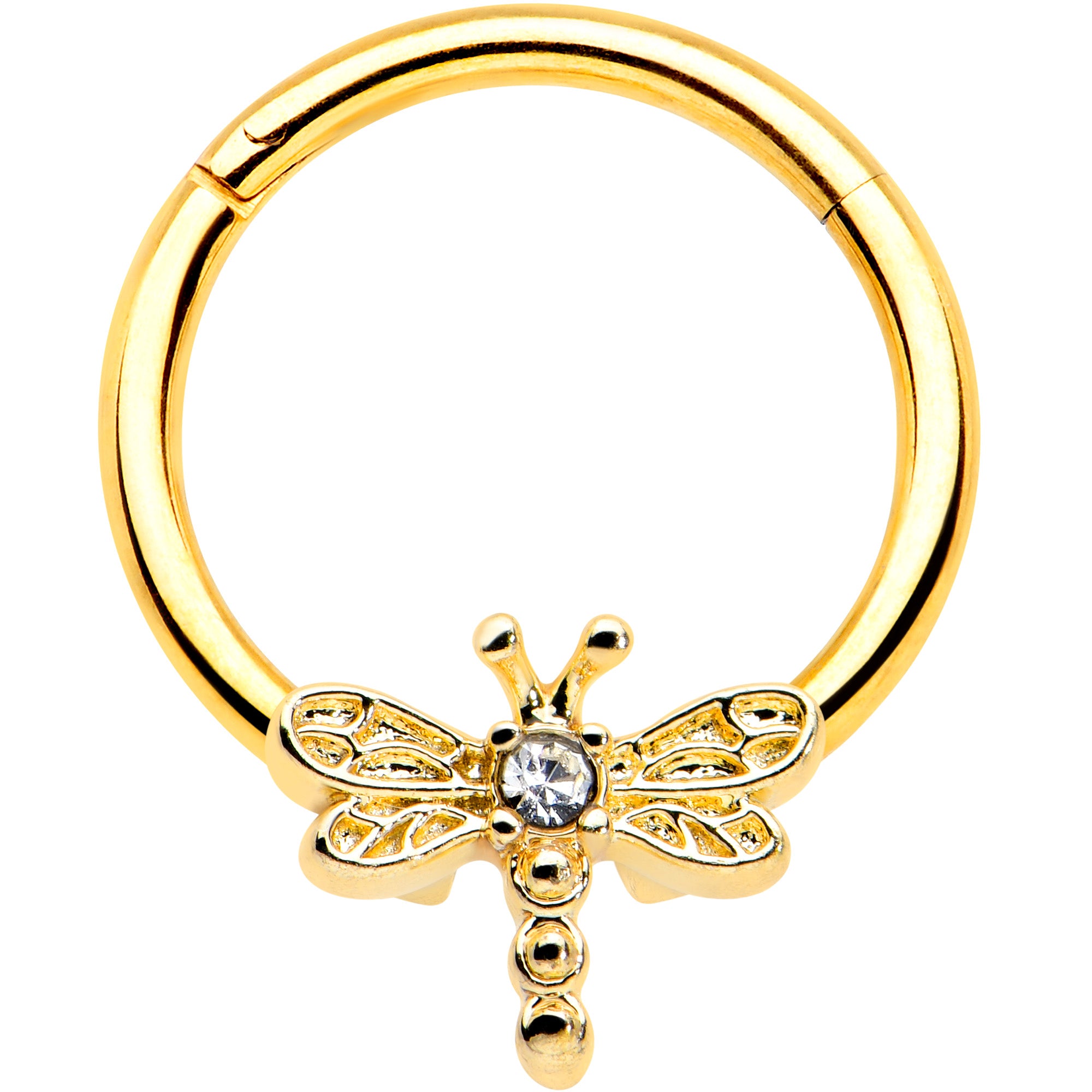16G 3/8 Clear Gem Gold Tone Flying Dragonfly Hinged Segment Ring