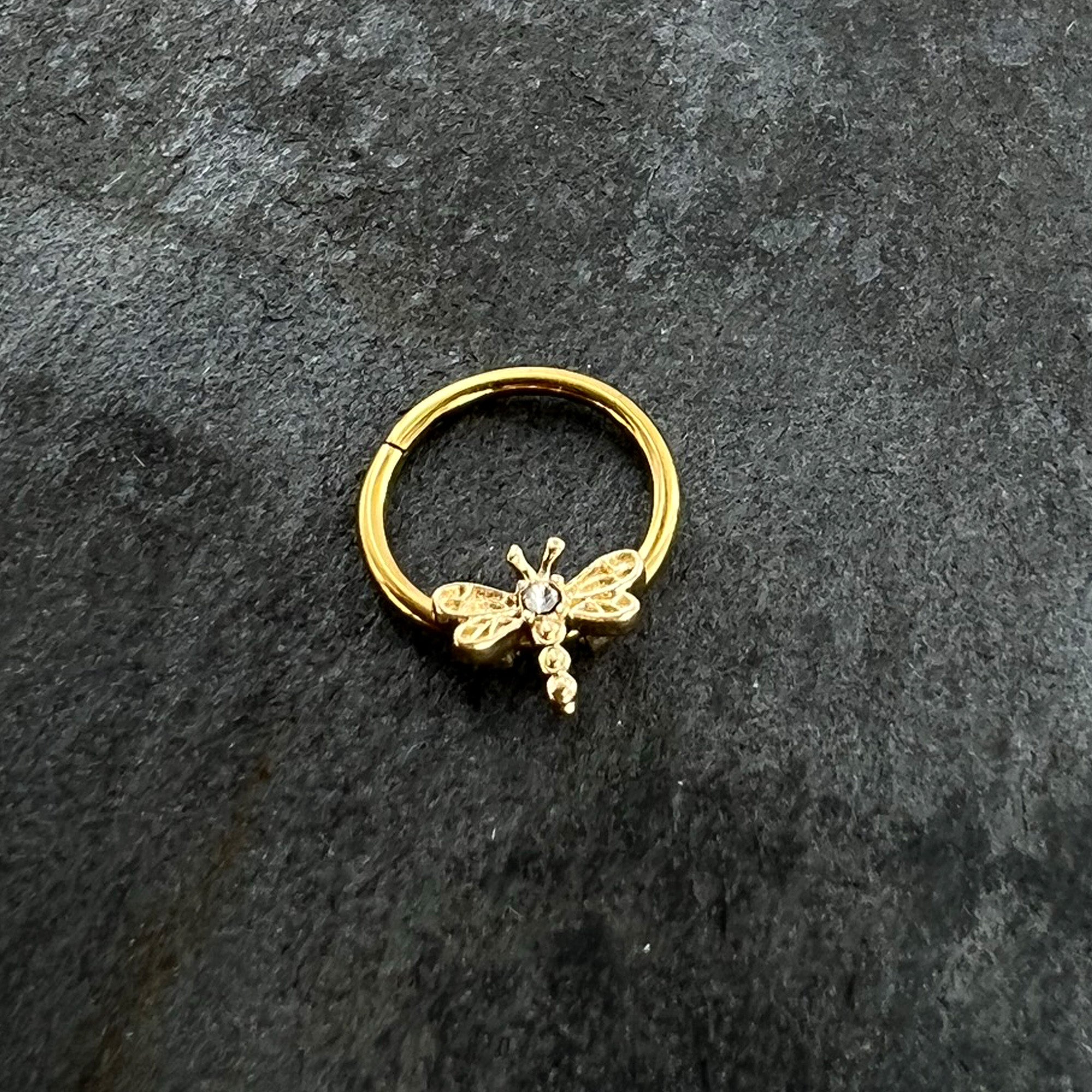 16G 3/8 Clear Gem Gold Tone Flying Dragonfly Hinged Segment Ring