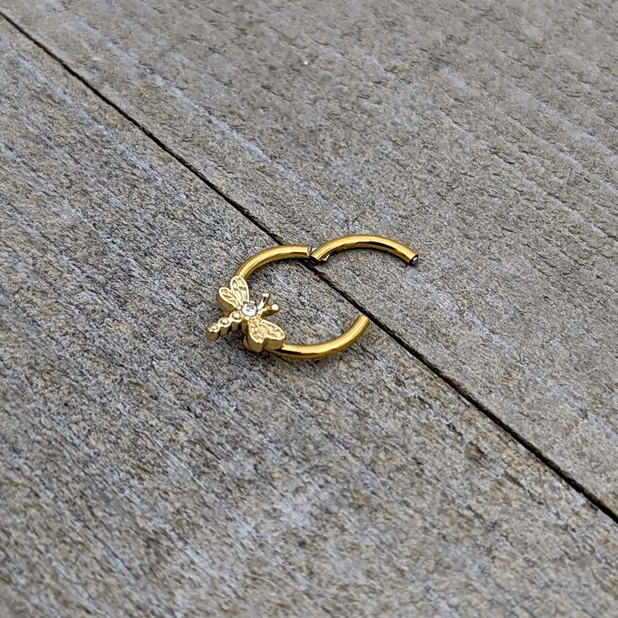 16G 3/8 Clear Gem Gold Tone Flying Dragonfly Hinged Segment Ring