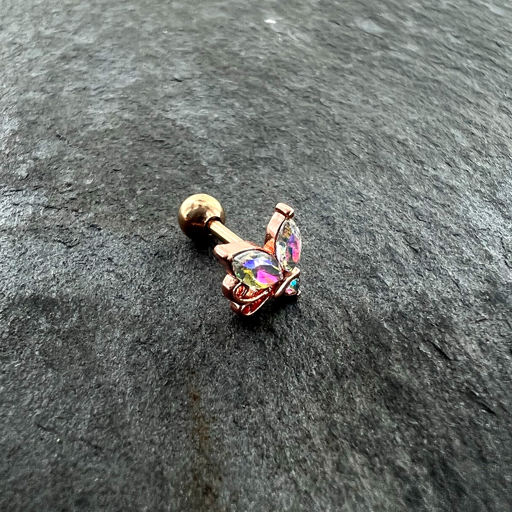 16G 1/4 Aurora CZ Gem Rose Gold Hue Fleur de Lis Cartilage Earring