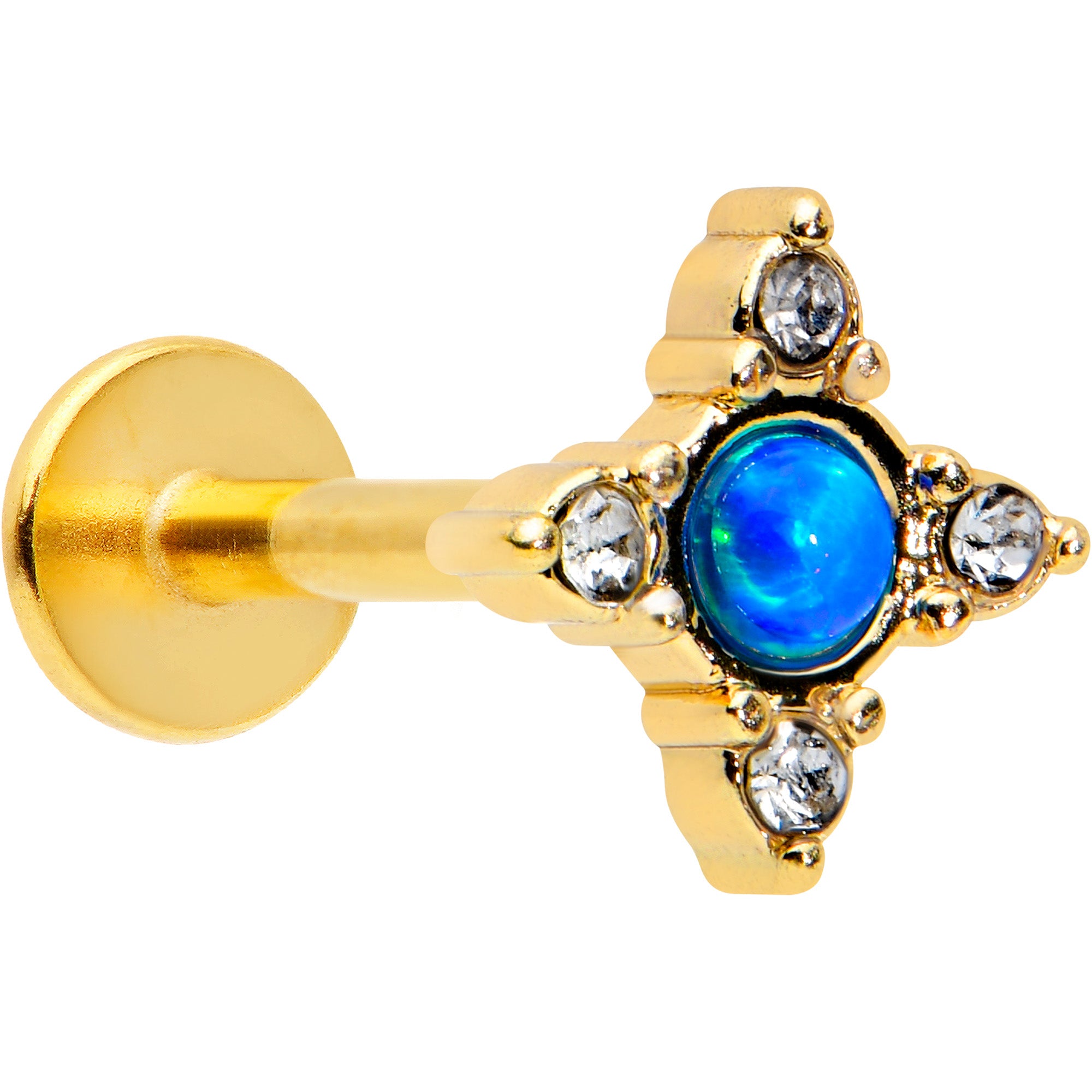 16G 5/16 Blue Synthetic Opal Gold Hue Rhombus Labret Monroe Tragus