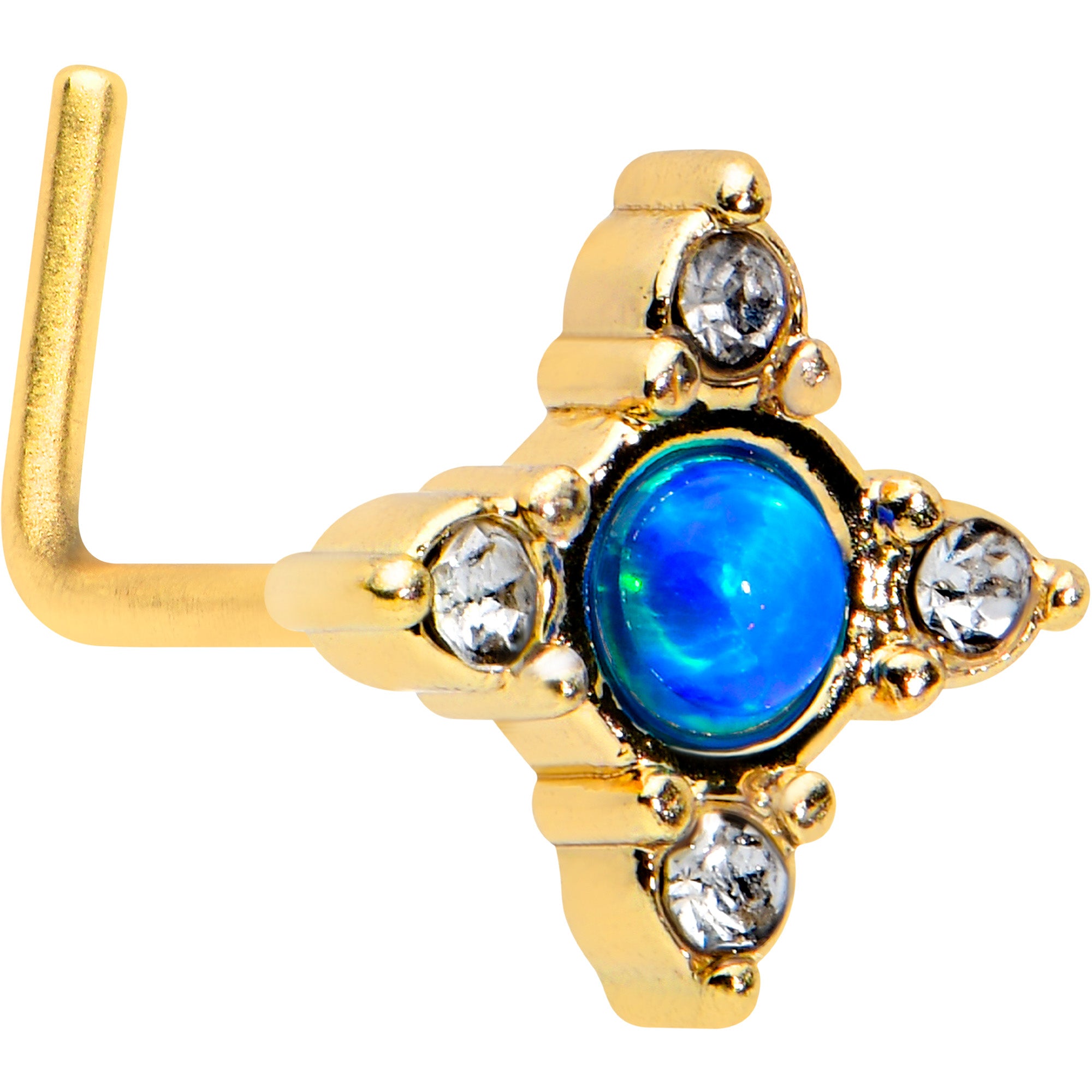 20G 1/4 Blue Synthetic Opal Gold Hue Rhombus L Shape Nose Ring