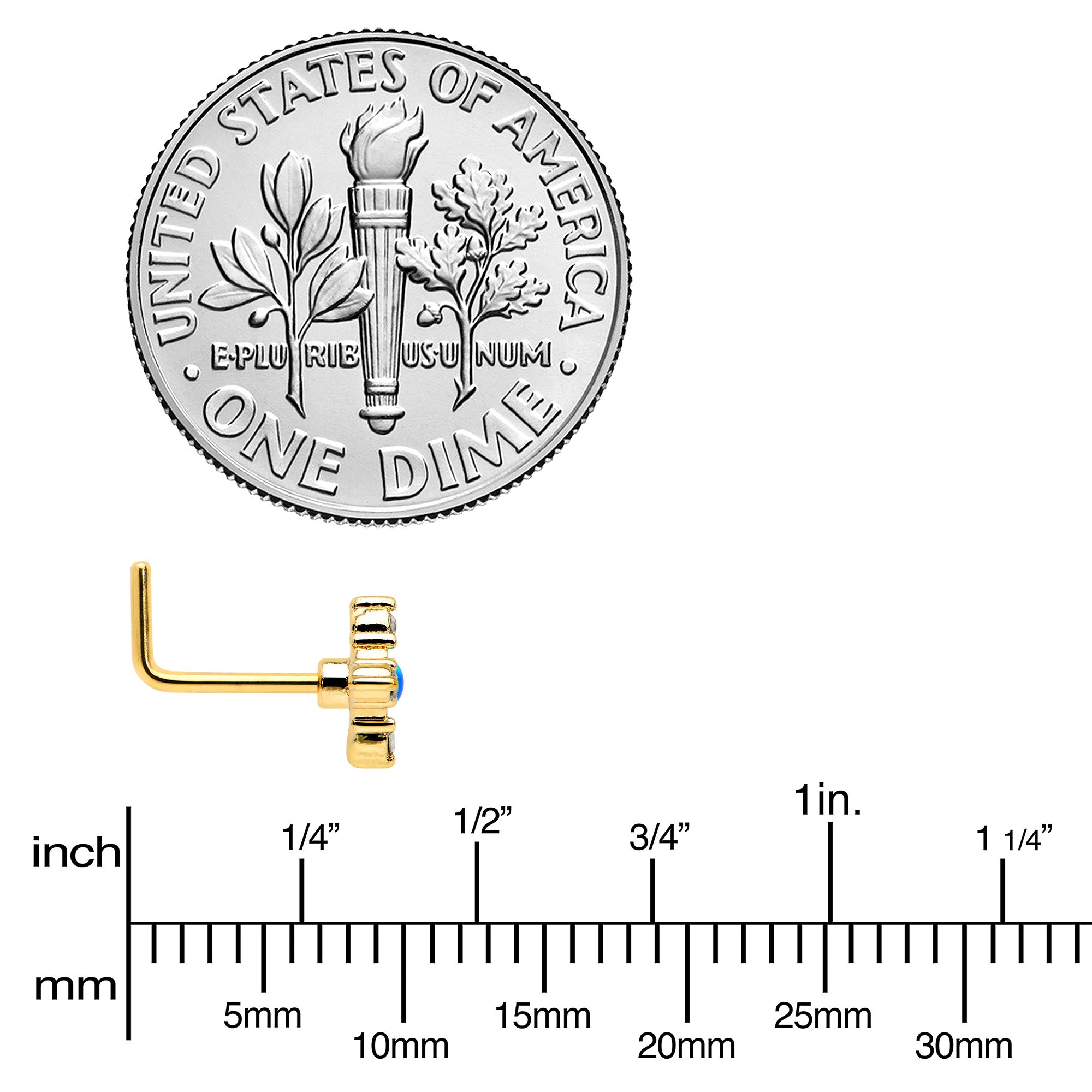 20G 1/4 Blue Synthetic Opal Gold Hue Rhombus L Shape Nose Ring