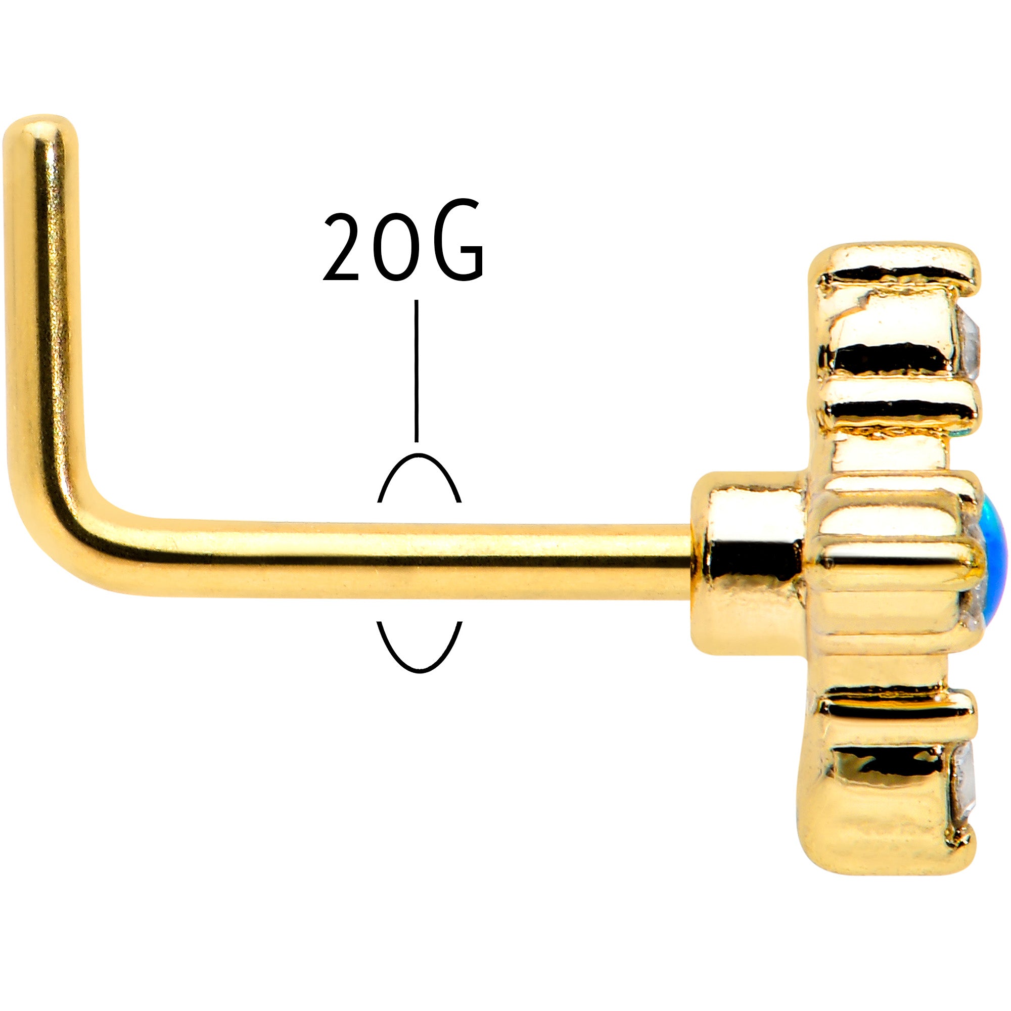 20G 1/4 Blue Synthetic Opal Gold Hue Rhombus L Shape Nose Ring