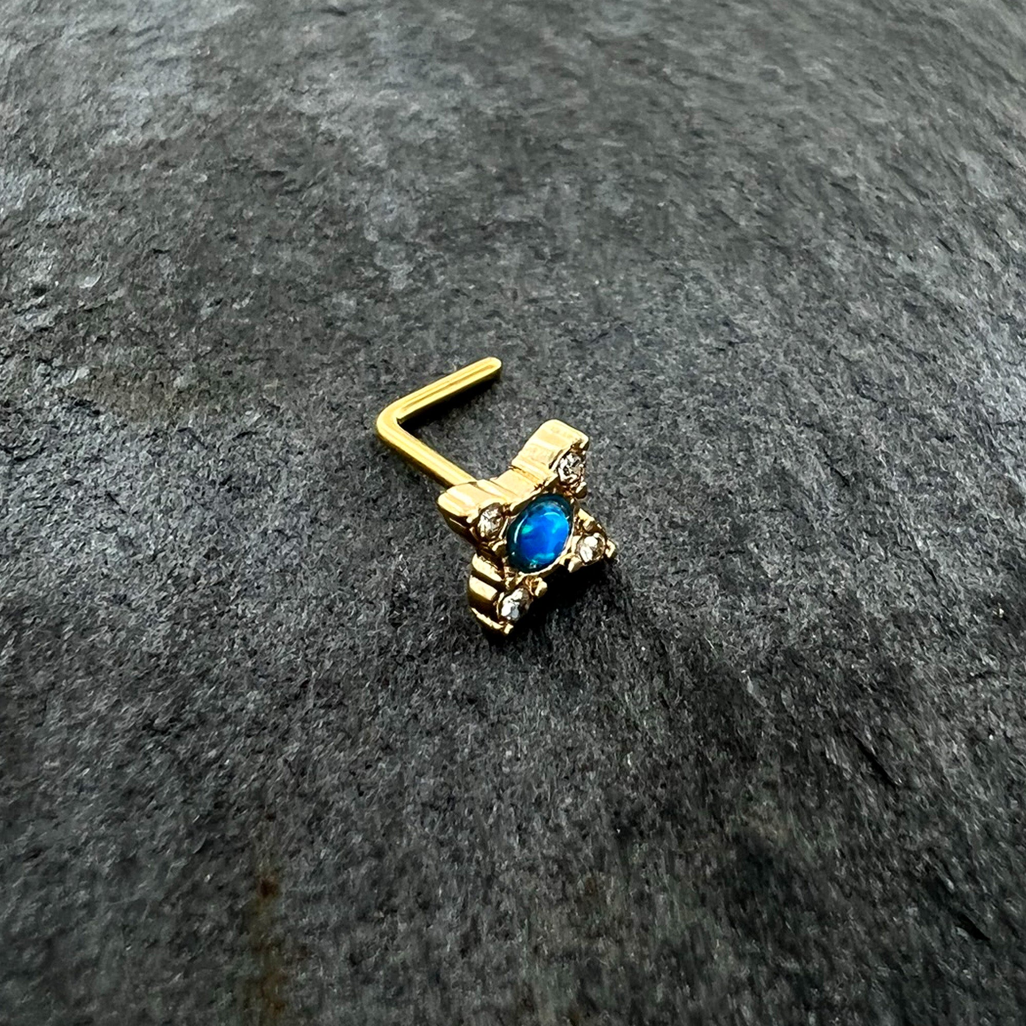 20G 1/4 Blue Synthetic Opal Gold Hue Rhombus L Shape Nose Ring
