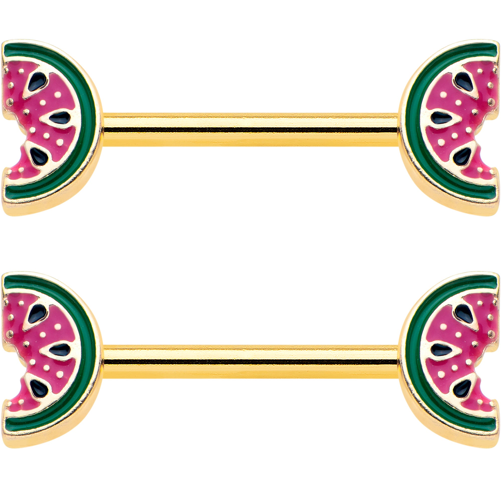 14G 9/16 Gold Tone Watermelon Bite Barbell Nipple Ring Set