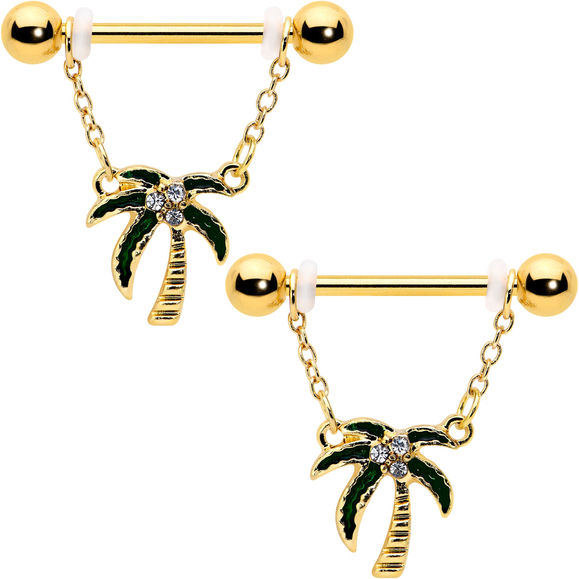 14G 9/16 Clear Gem Gold Hue Palm Tree Style Dangle Nipple Ring Set
