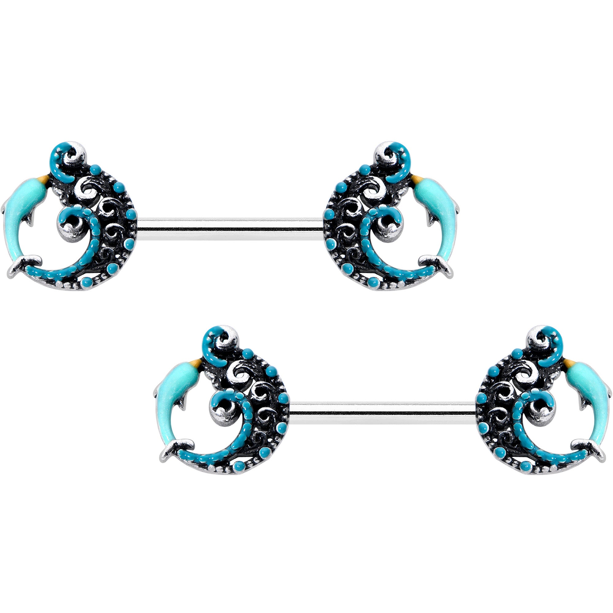 14G 9/16 Leaping Blue Dolphin Barbell Nipple Ring Set