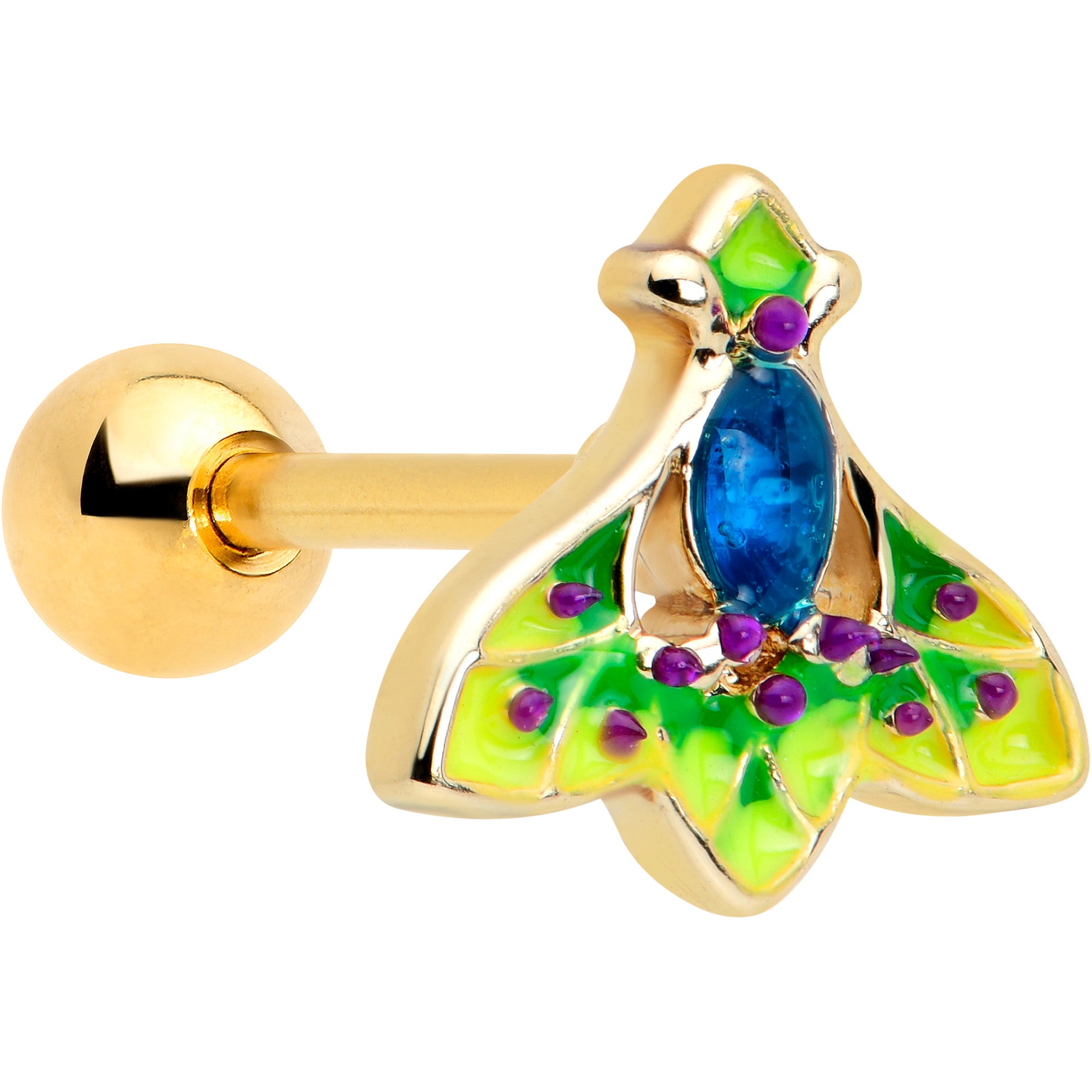 16G 1/4 Blue Gem Gold Tone Tropic Fan Cartilage Tragus Earring