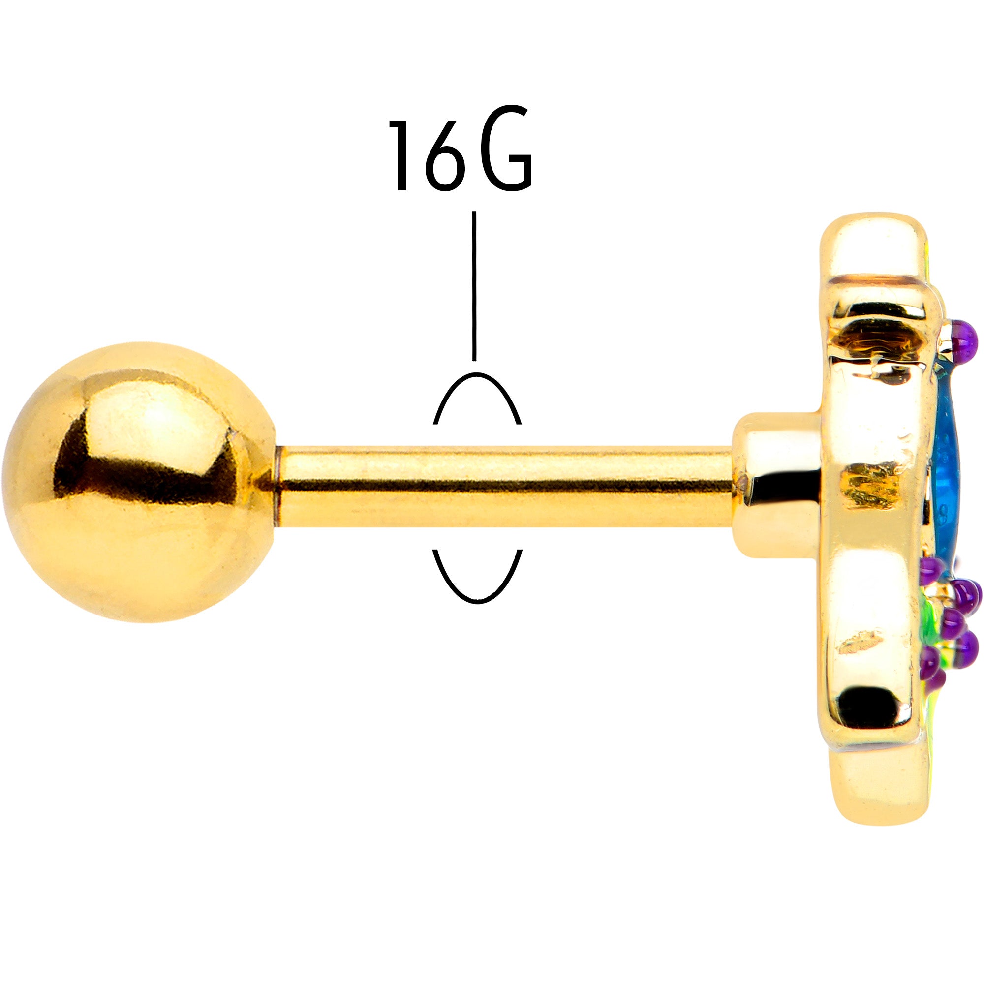 16G 1/4 Blue Gem Gold Tone Tropic Fan Cartilage Tragus Earring