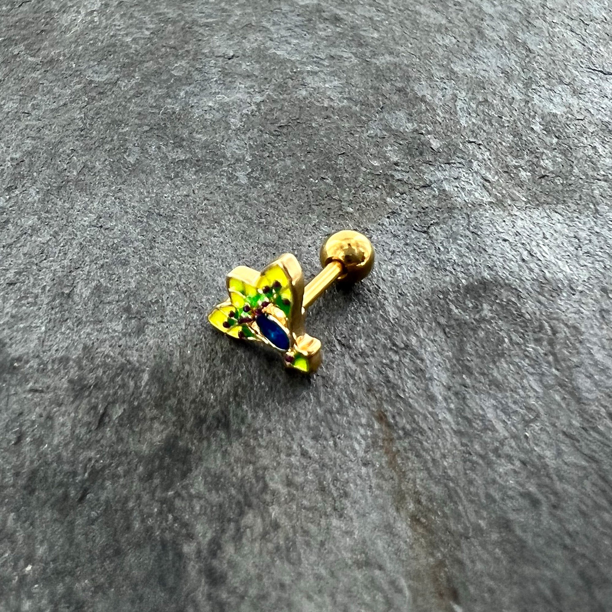 16G 1/4 Blue Gem Gold Tone Tropic Fan Cartilage Tragus Earring