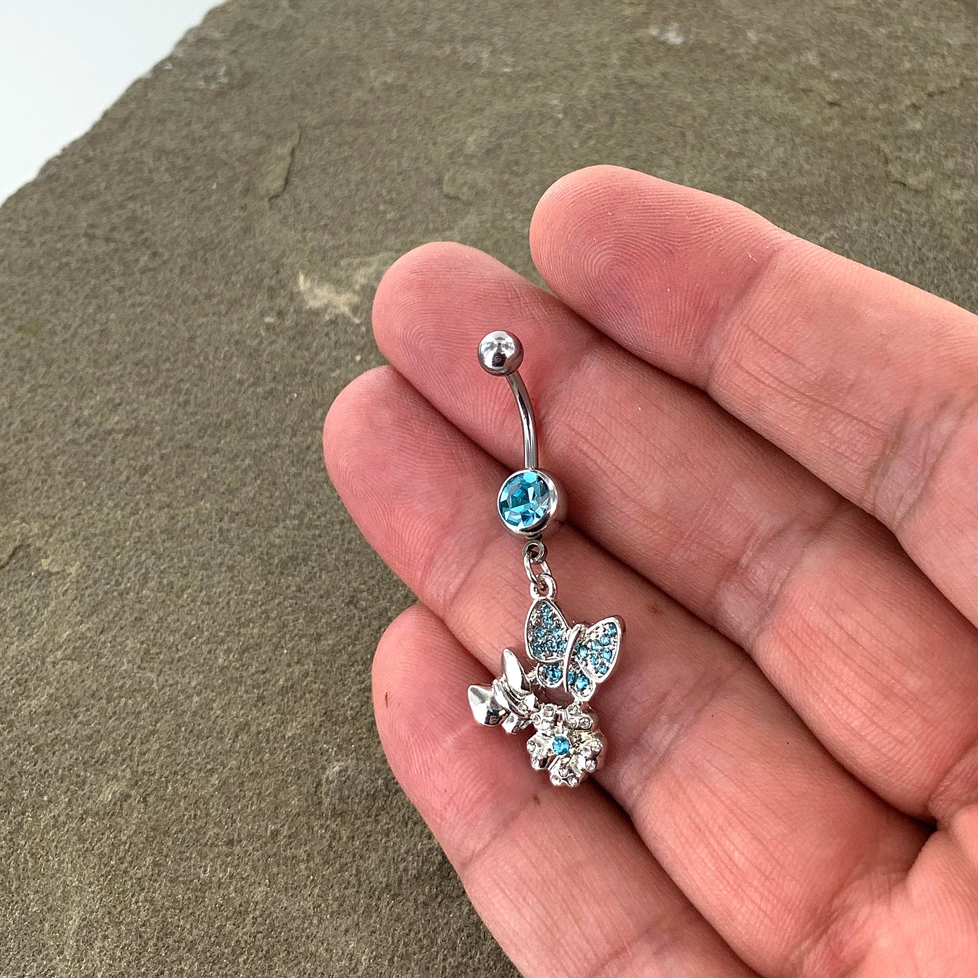 Blue Gem Butterflies Tiny Flower Dangle Belly Ring