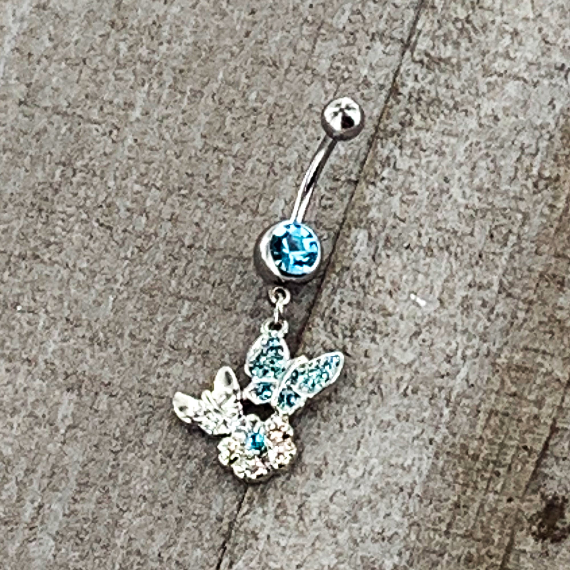 Blue Gem Butterflies Tiny Flower Dangle Belly Ring
