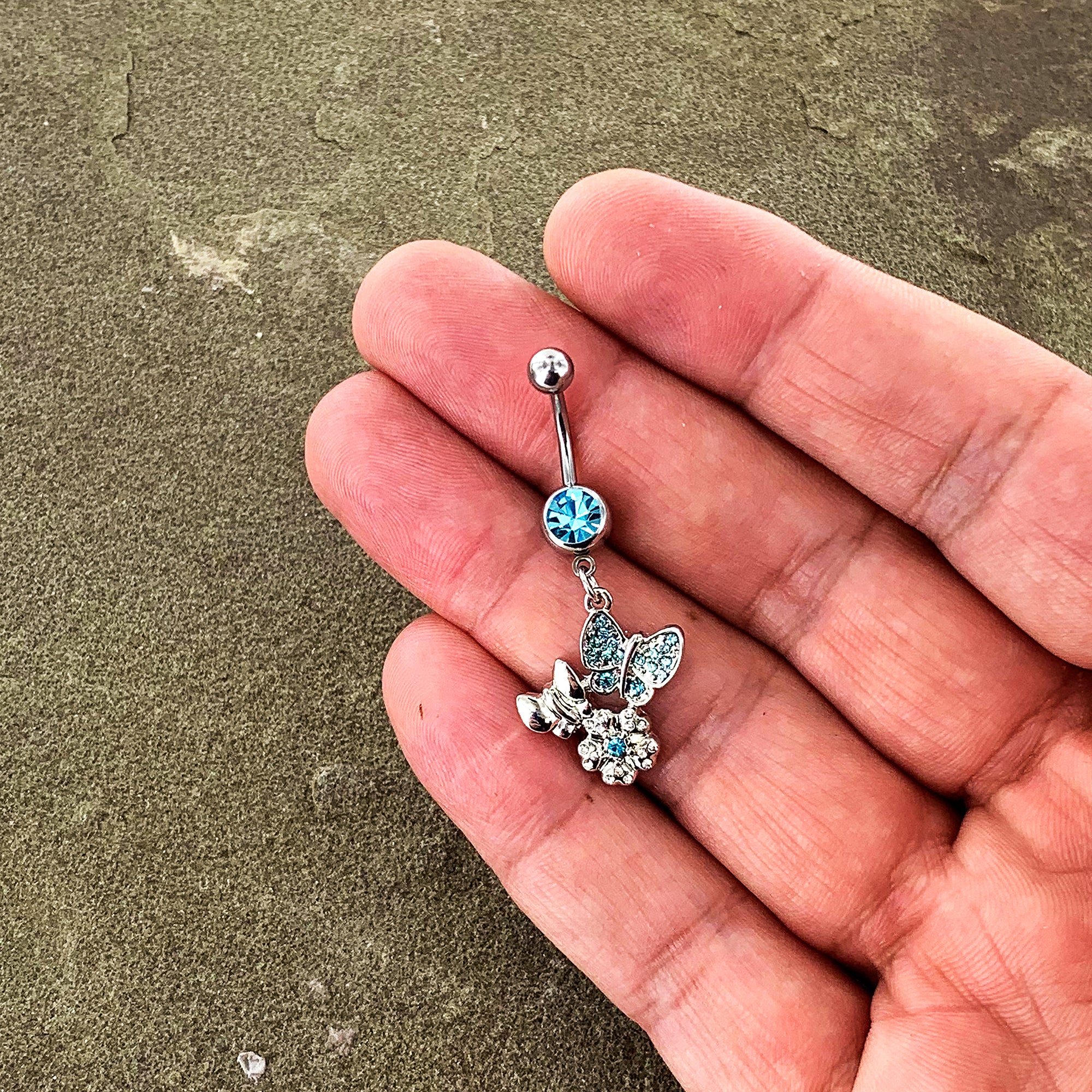 Blue Gem Butterflies Tiny Flower Dangle Belly Ring