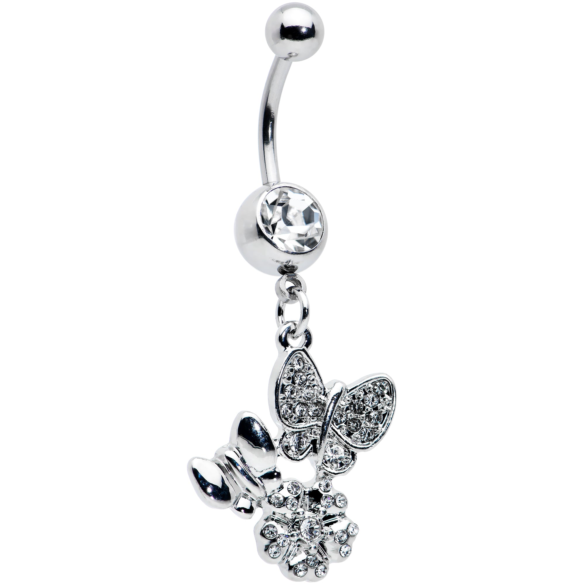 Clear Gem Butterflies Tiny Flower Dangle Belly Ring