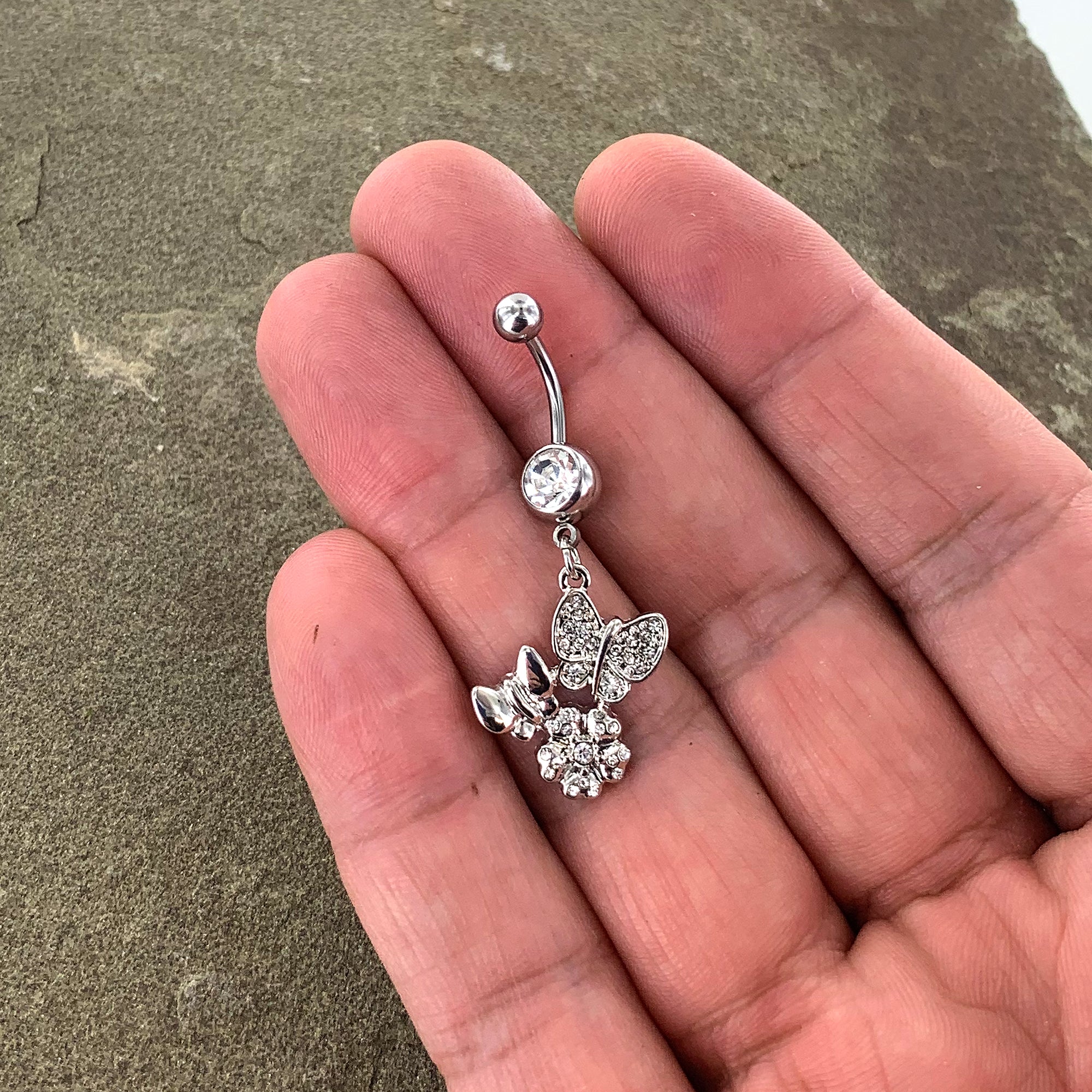 Clear Gem Butterflies Tiny Flower Dangle Belly Ring