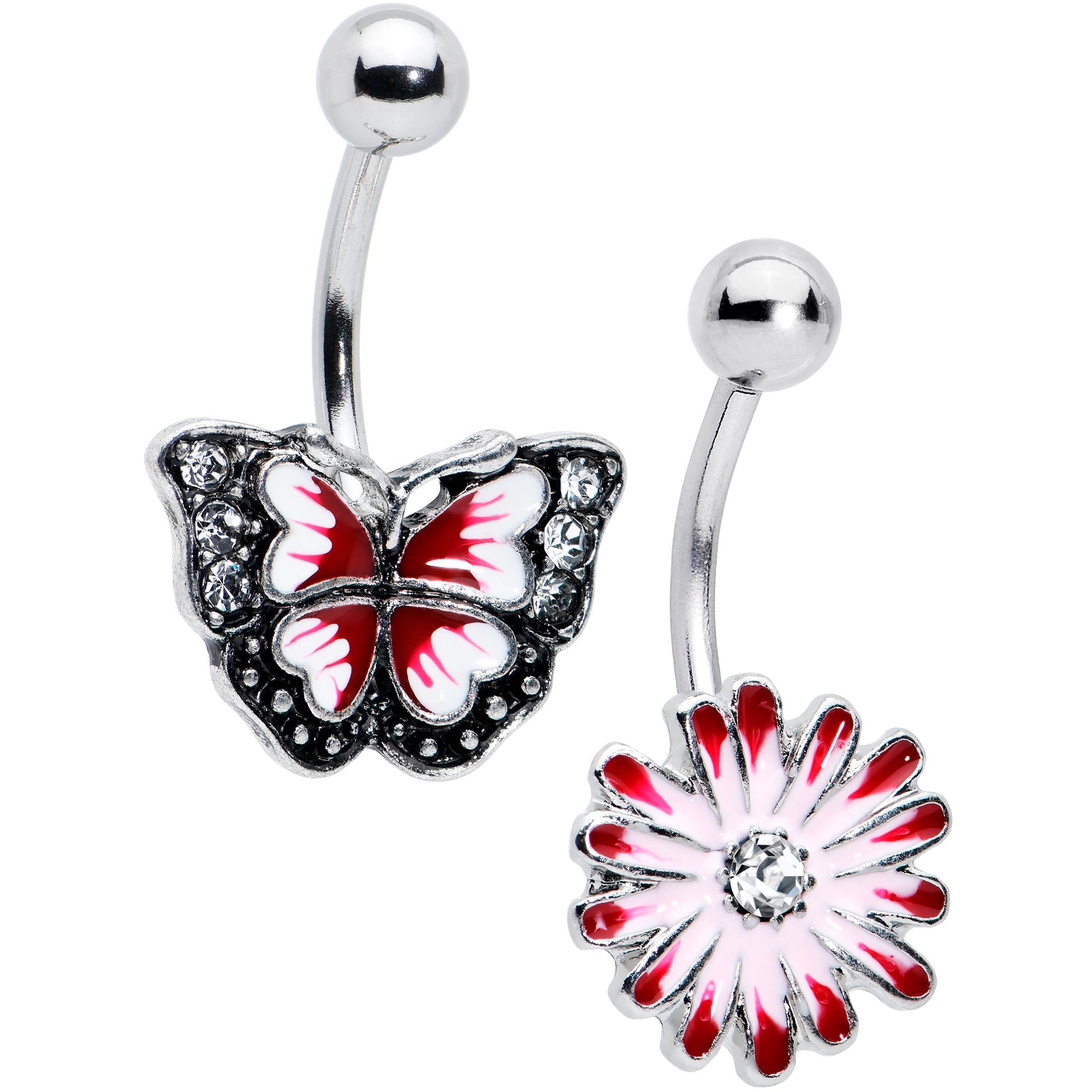 Clear Gem Red Light Pink Butterfly Flower Belly Ring Set of 2
