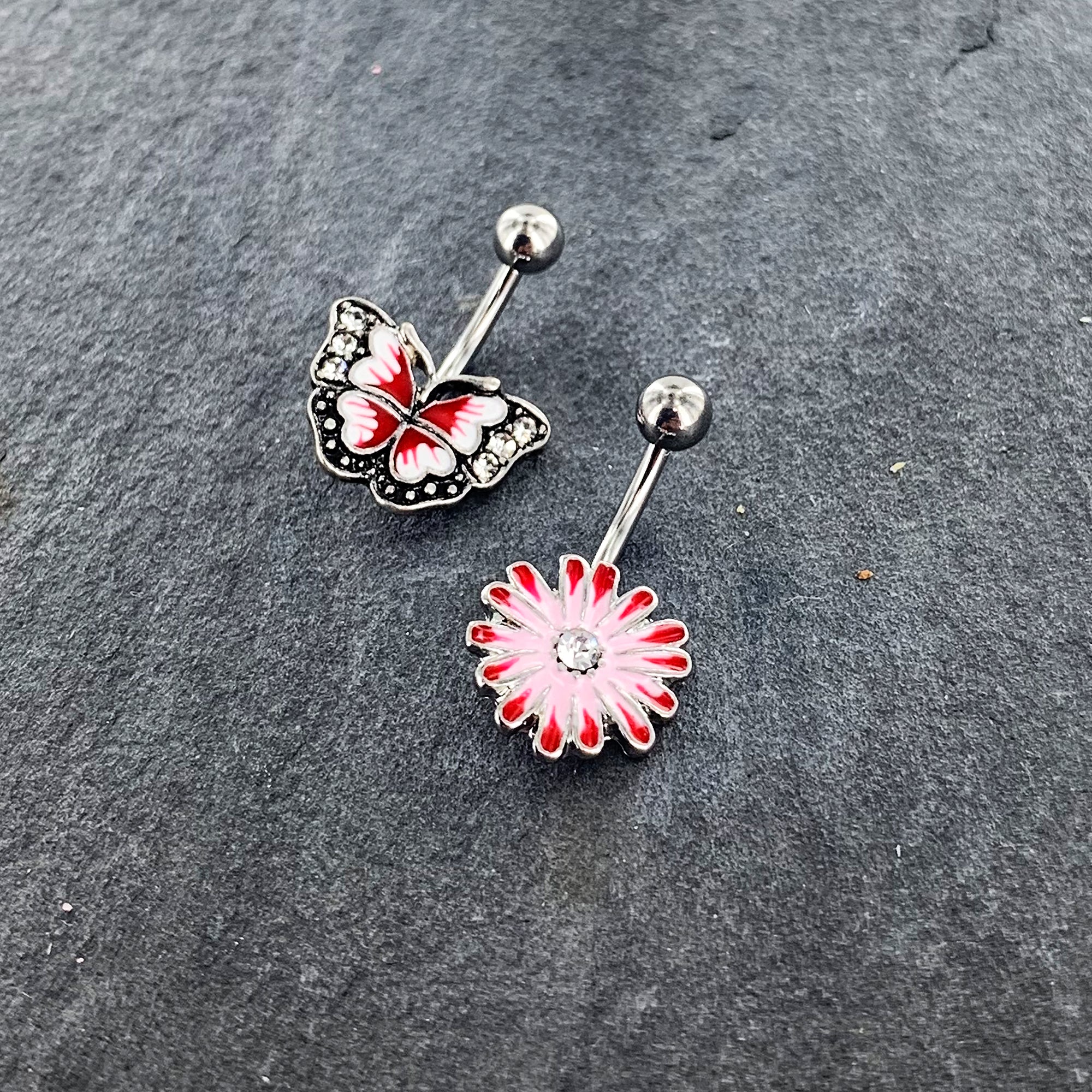 Clear Gem Red Light Pink Butterfly Flower Belly Ring Set of 2