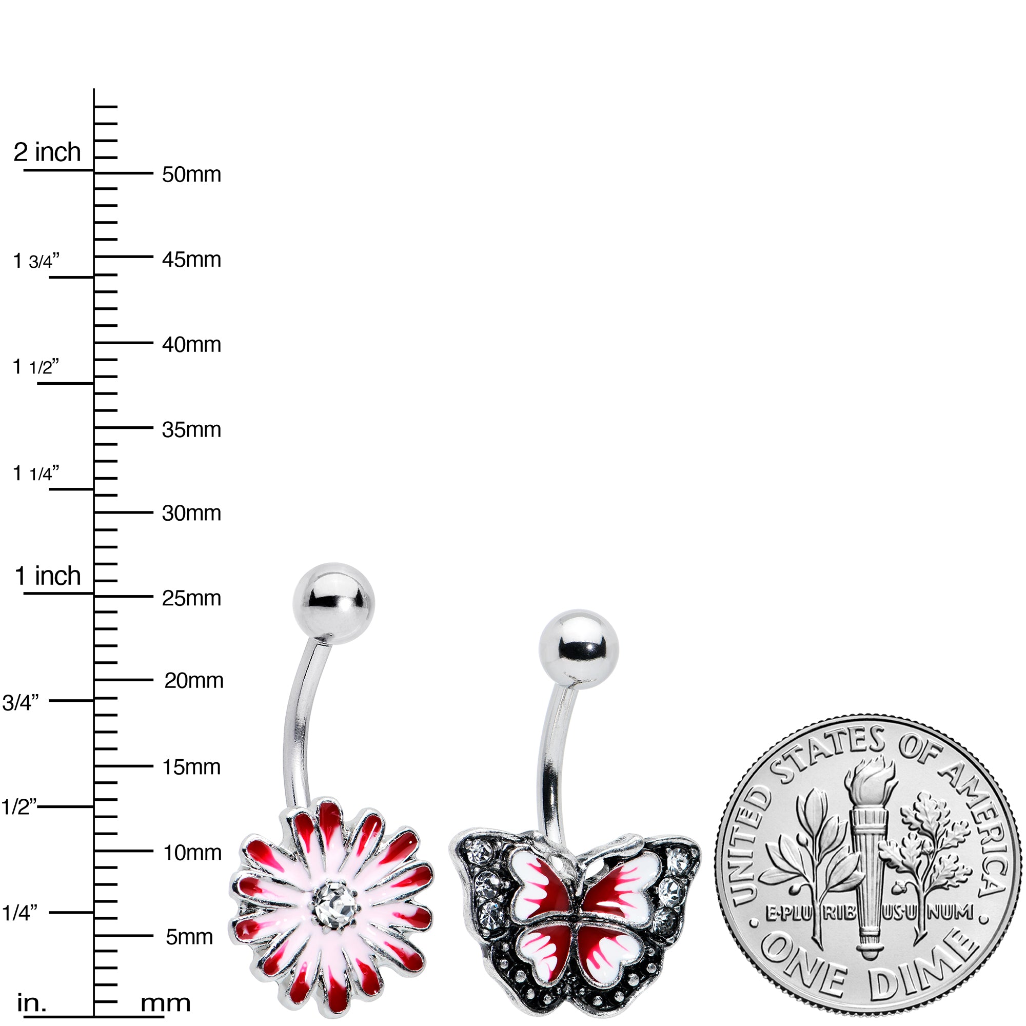 Clear Gem Red Light Pink Butterfly Flower Belly Ring Set of 2