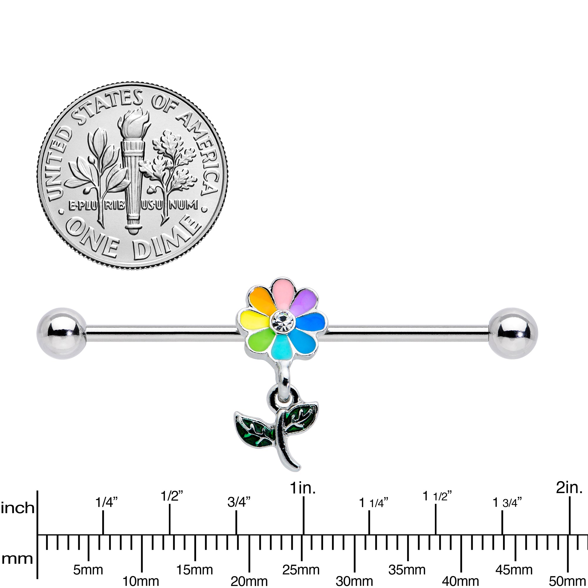 14G Clear Gem Pride Rainbow Flower Dangle Industrial Barbell 38mm