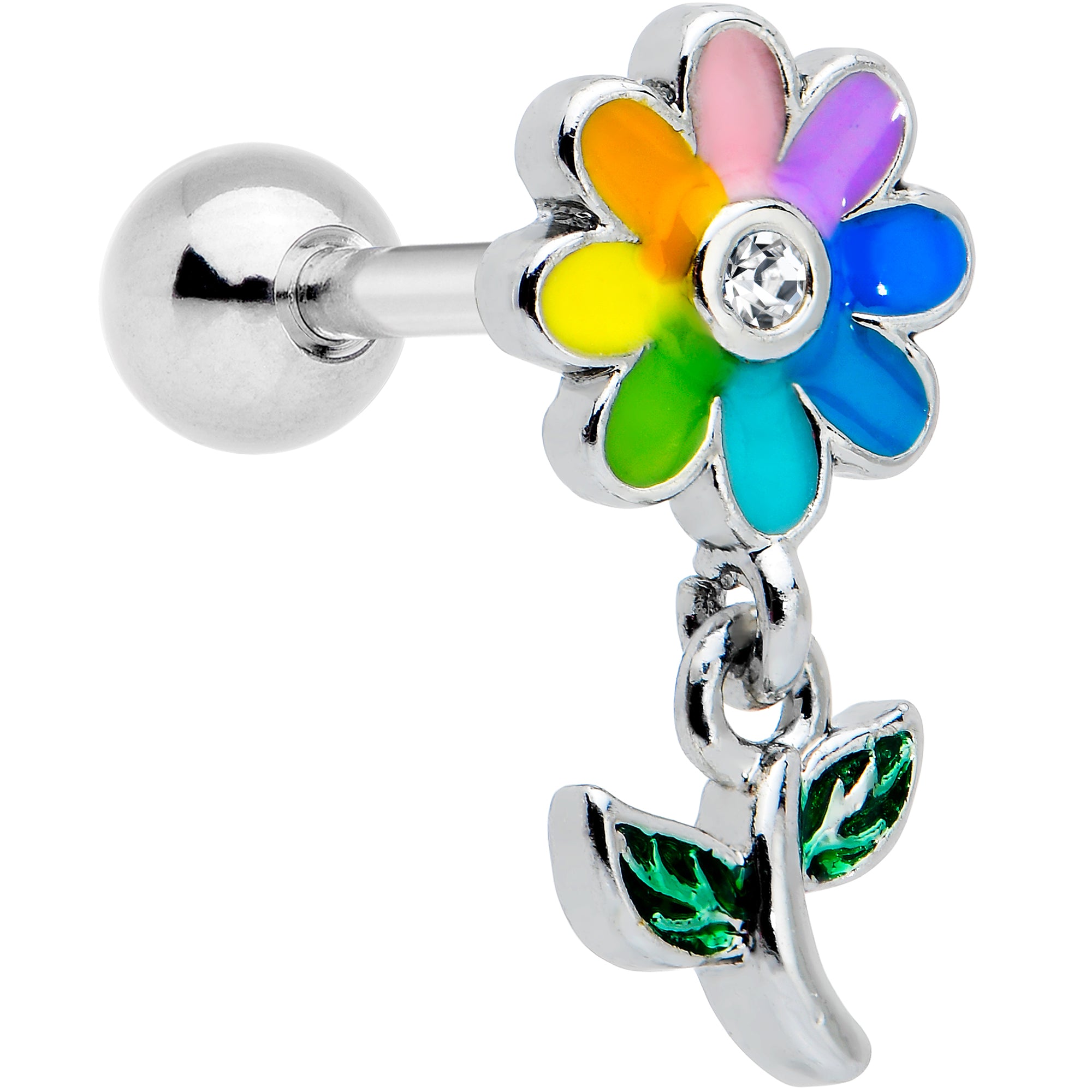 16G 1/4 Clear Gem Pride Rainbow Flower Dangle Cartilage Tragus