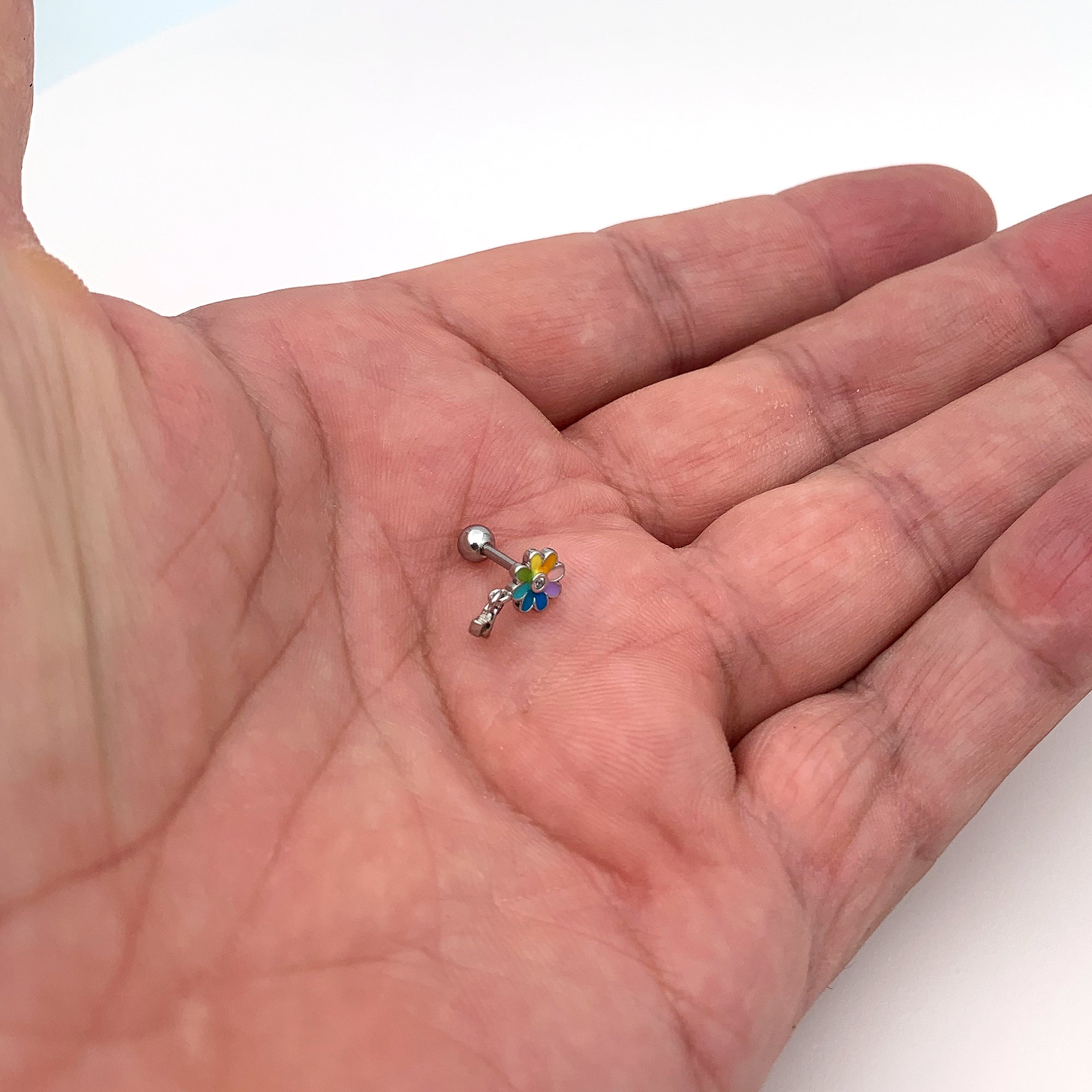 16G 1/4 Clear Gem Pride Rainbow Flower Dangle Cartilage Tragus