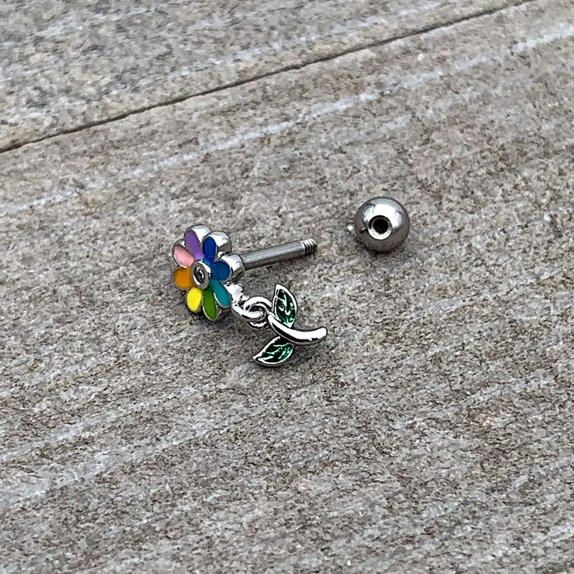 16G 1/4 Clear Gem Pride Rainbow Flower Dangle Cartilage Tragus