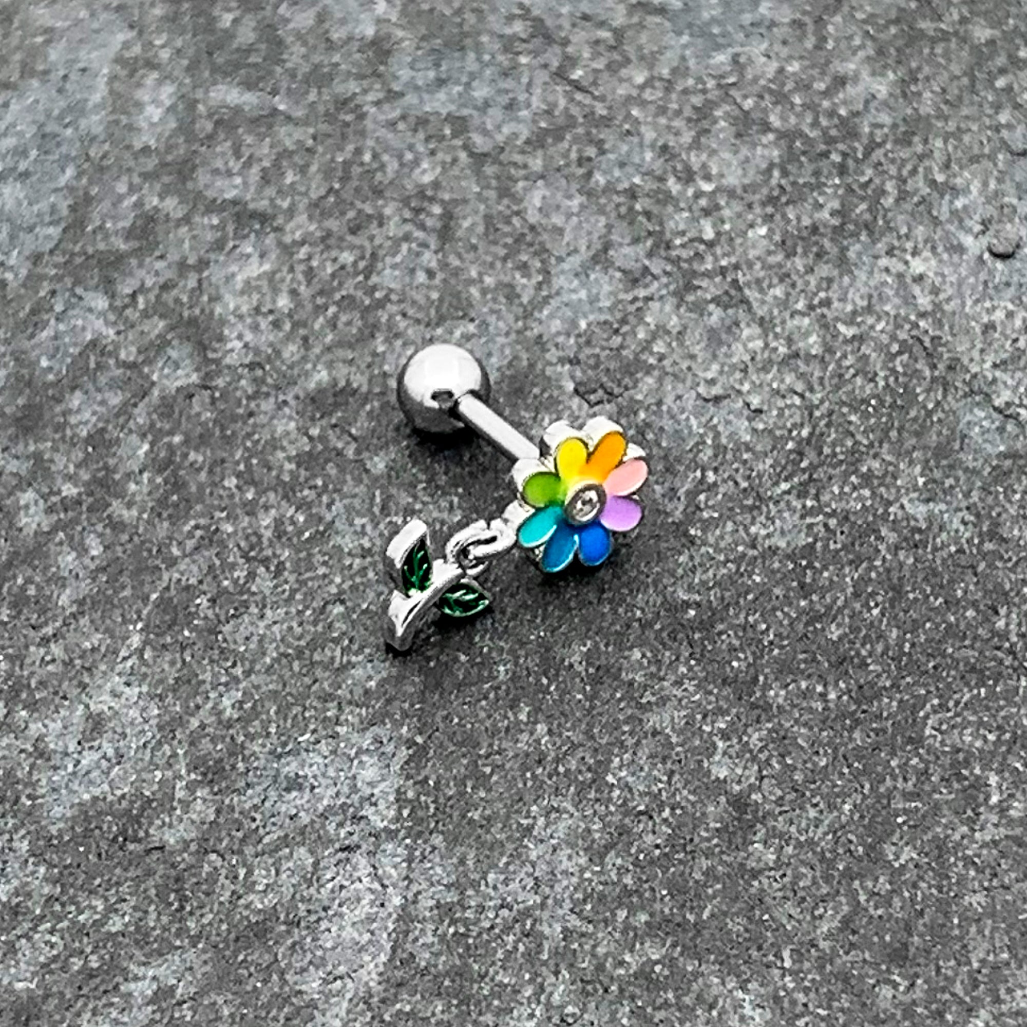 16G 1/4 Clear Gem Pride Rainbow Flower Dangle Cartilage Tragus