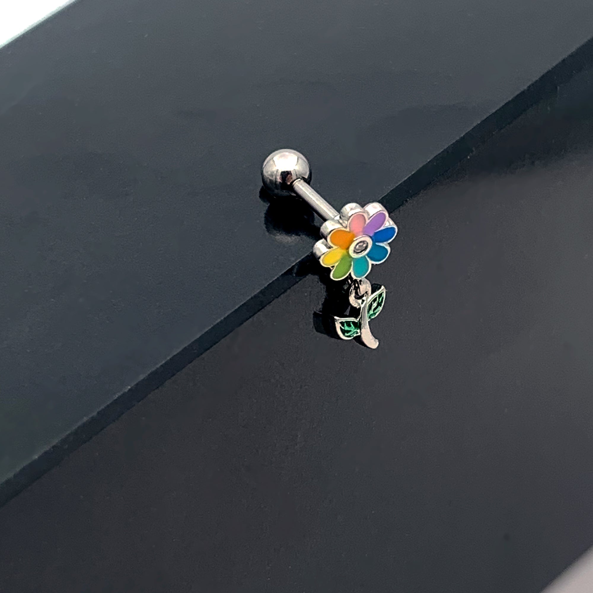 16G 1/4 Clear Gem Pride Rainbow Flower Dangle Cartilage Tragus
