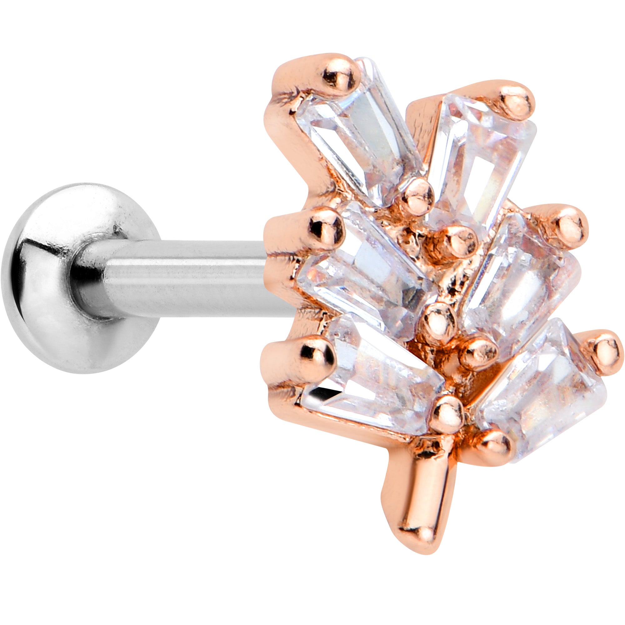 16G 1/4 Clear CZ Gem Leafy Rosy Branch Threadless Labret Tragus