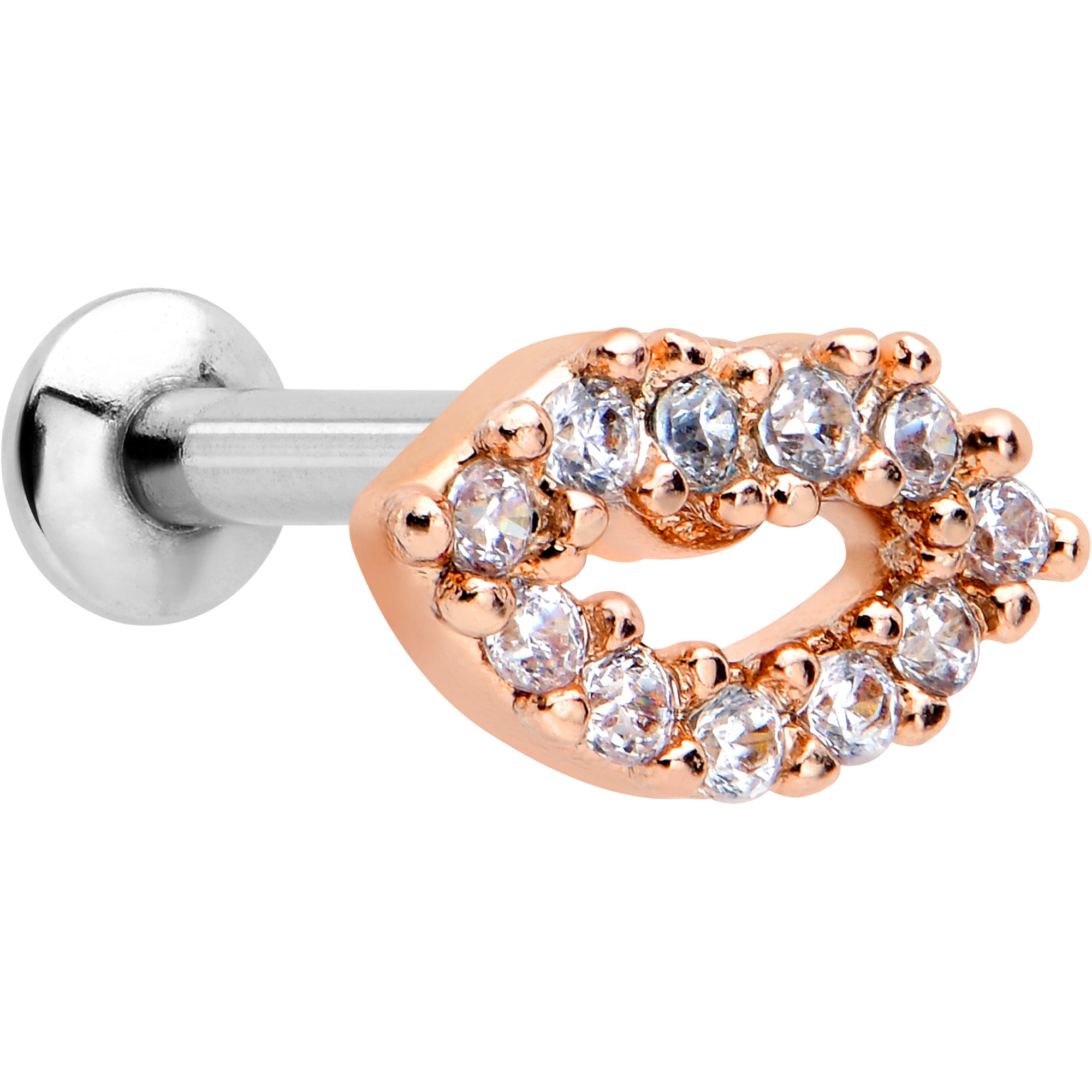 16G 1/4 Clear CZ Gem Kissy Lips Rosy Threadless Labret Tragus