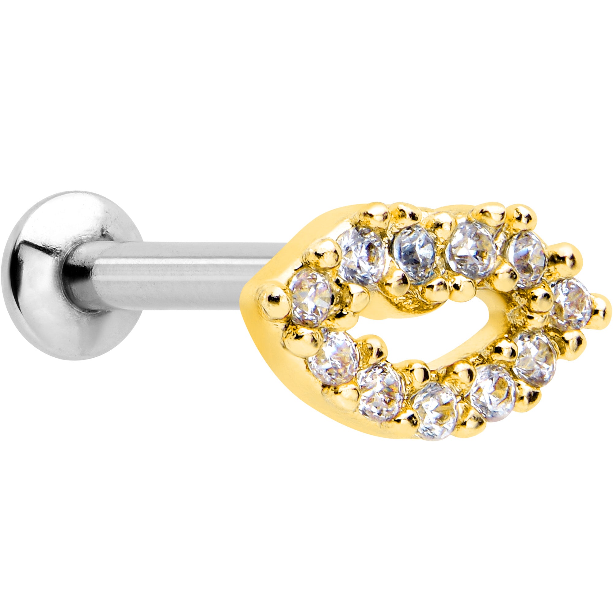 16G 5/16 Clear CZ Gem Kissy Lips Golden Threadless Labret Tragus