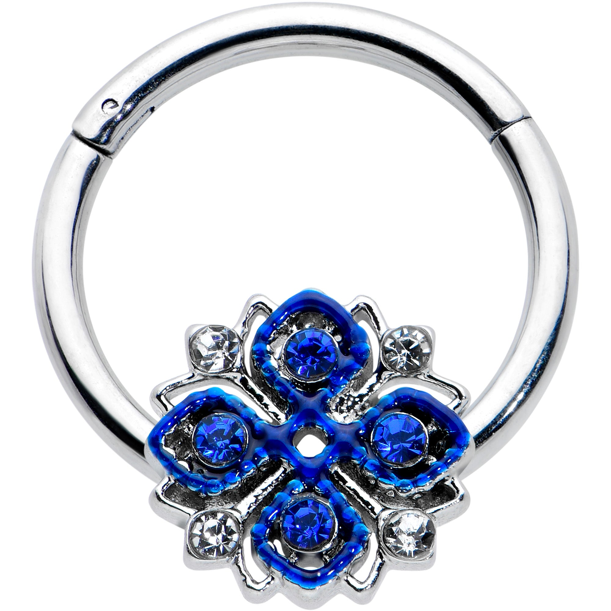 16G 3/8 Blue Clear Gem Embellished Cross Hinged Segment Ring