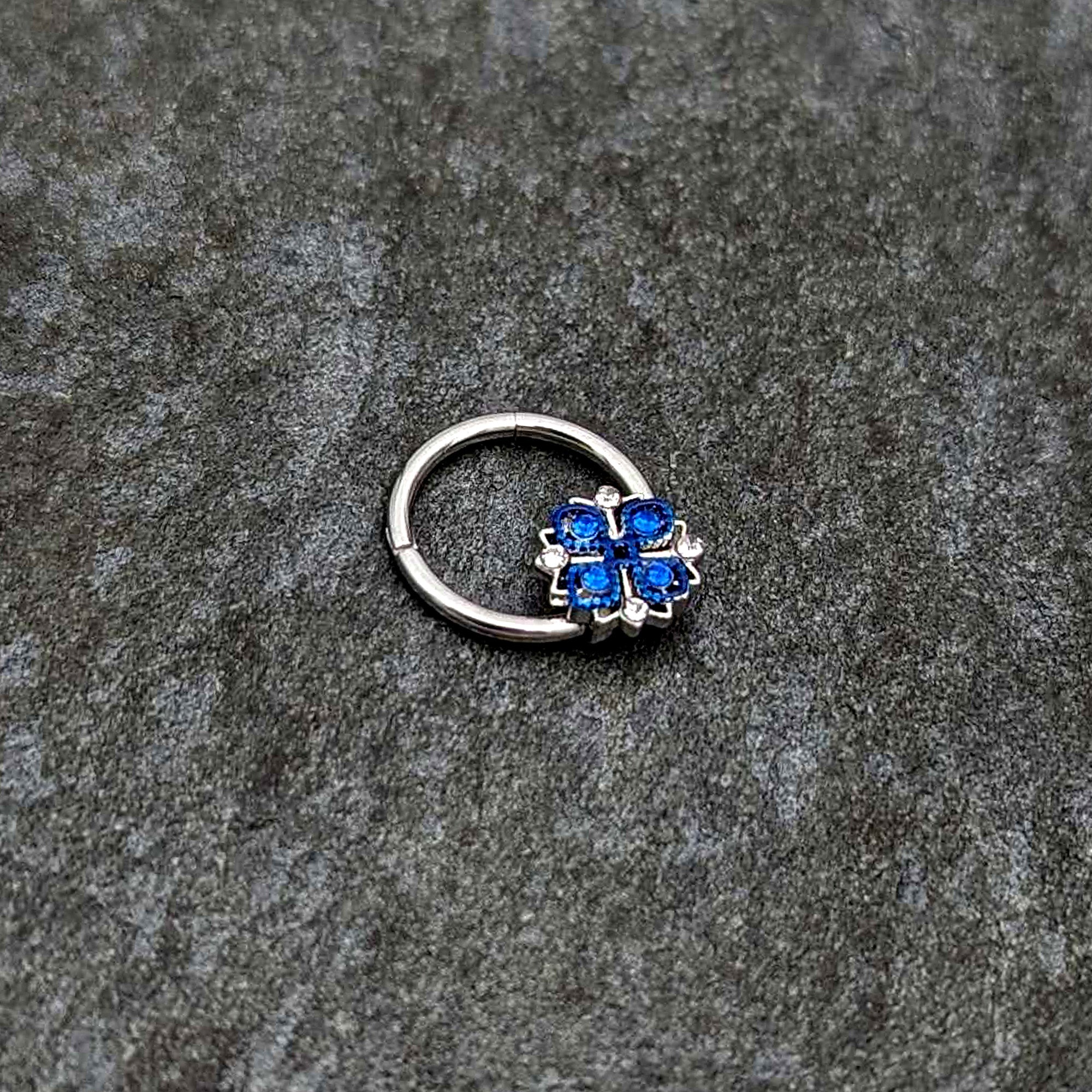 16G 3/8 Blue Clear Gem Embellished Cross Hinged Segment Ring