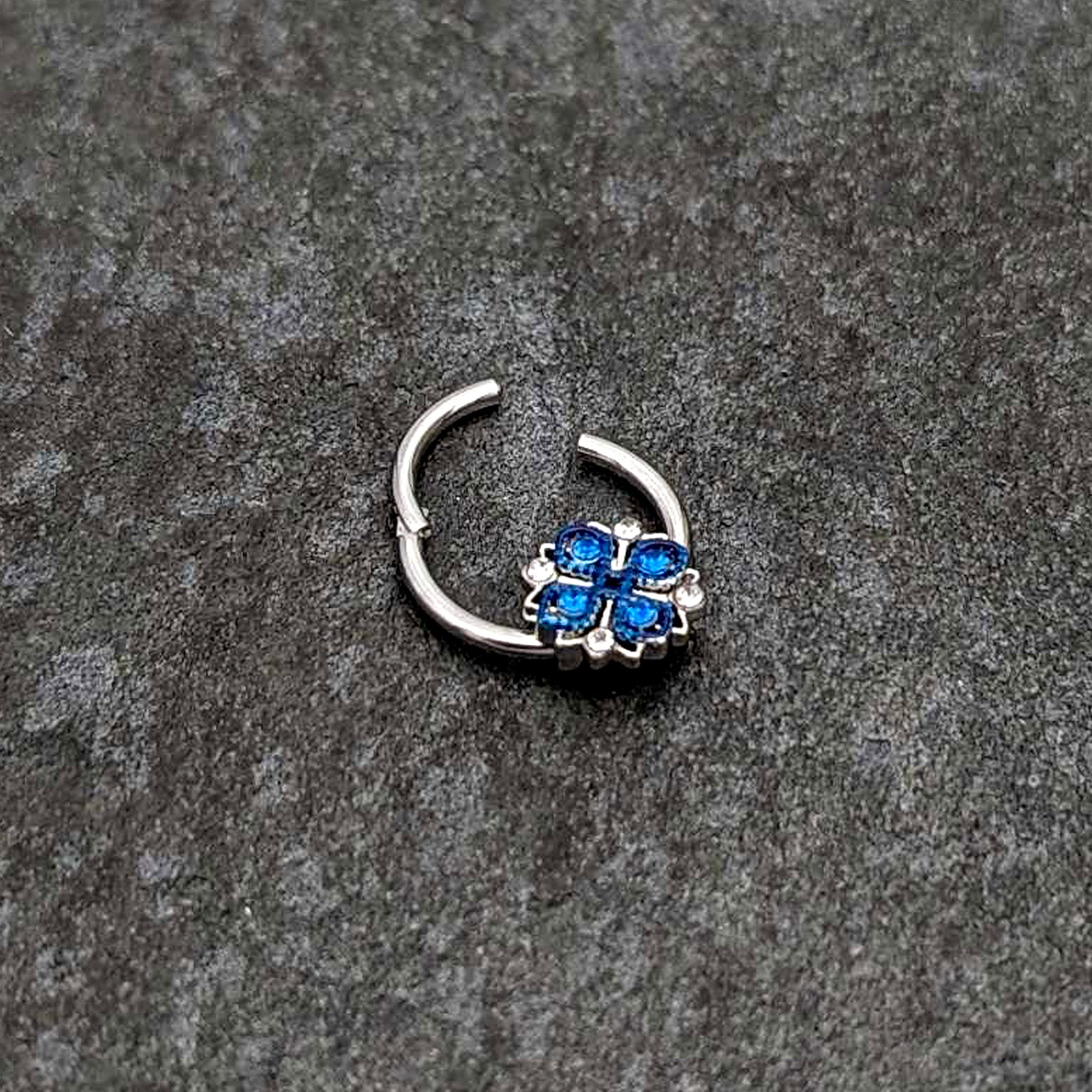 16G 3/8 Blue Clear Gem Embellished Cross Hinged Segment Ring