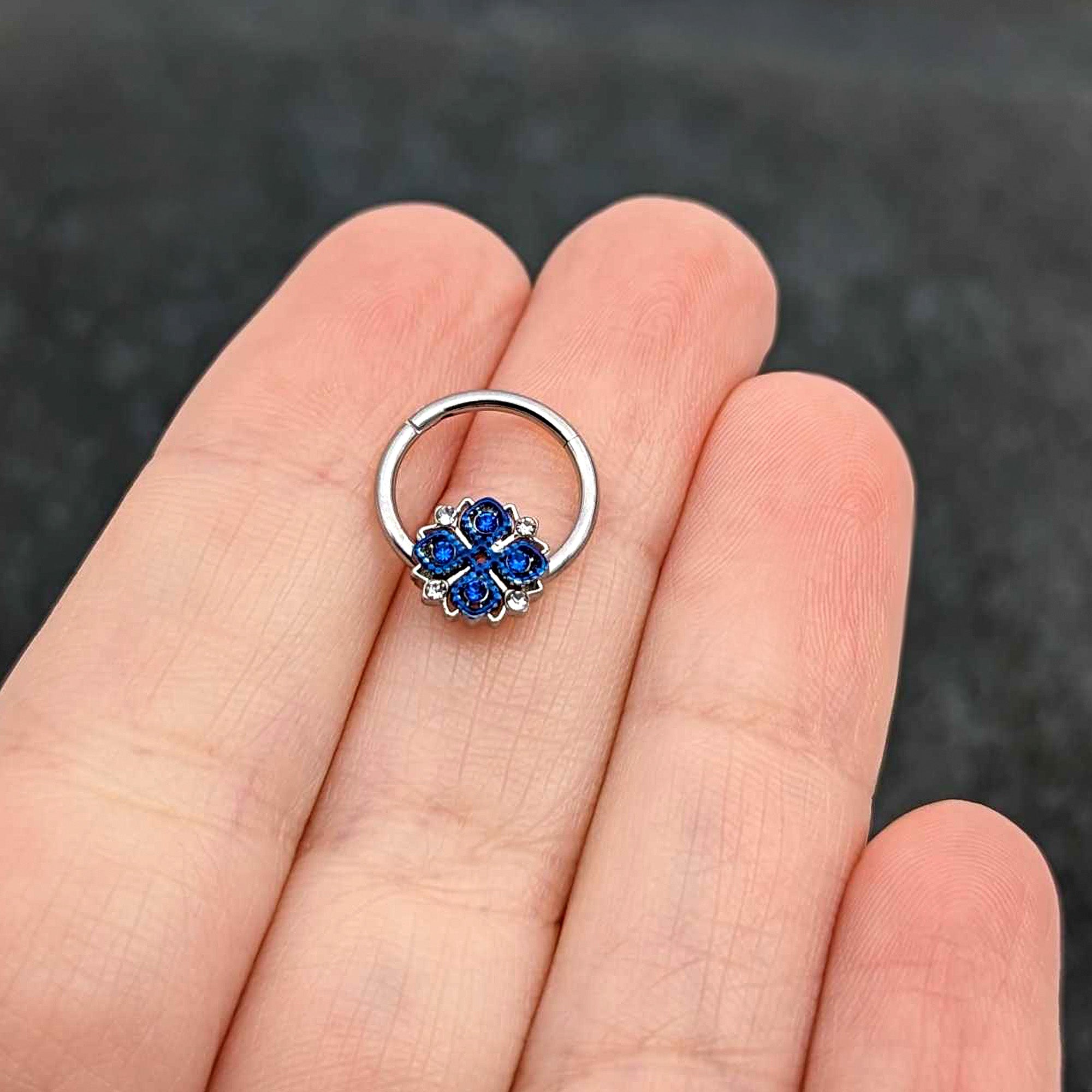 16G 3/8 Blue Clear Gem Embellished Cross Hinged Segment Ring