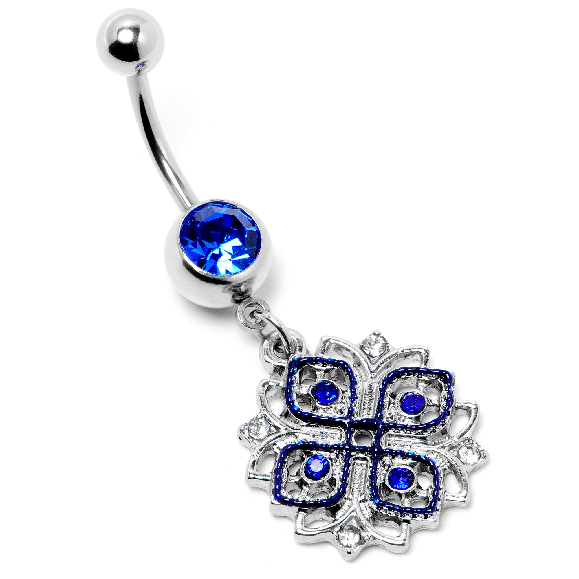 Clear Blue Gem Embellished Cross Dangle Belly Ring