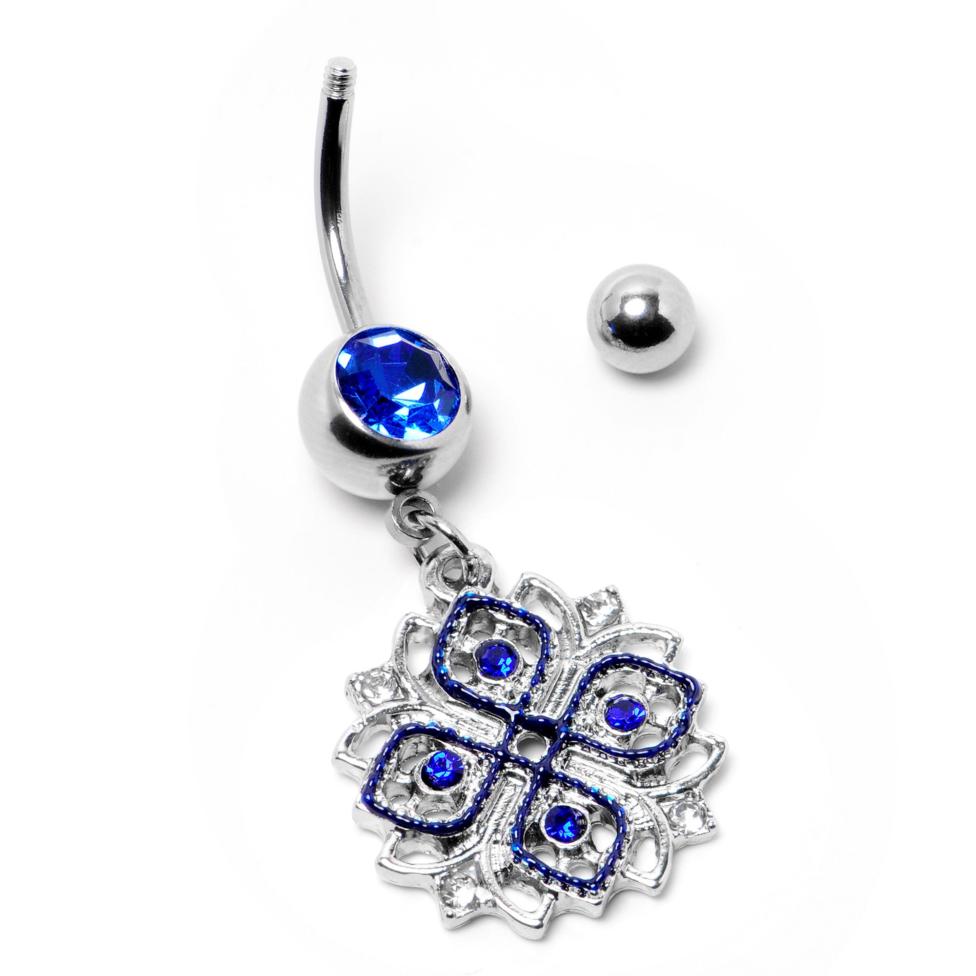 Clear Blue Gem Embellished Cross Dangle Belly Ring
