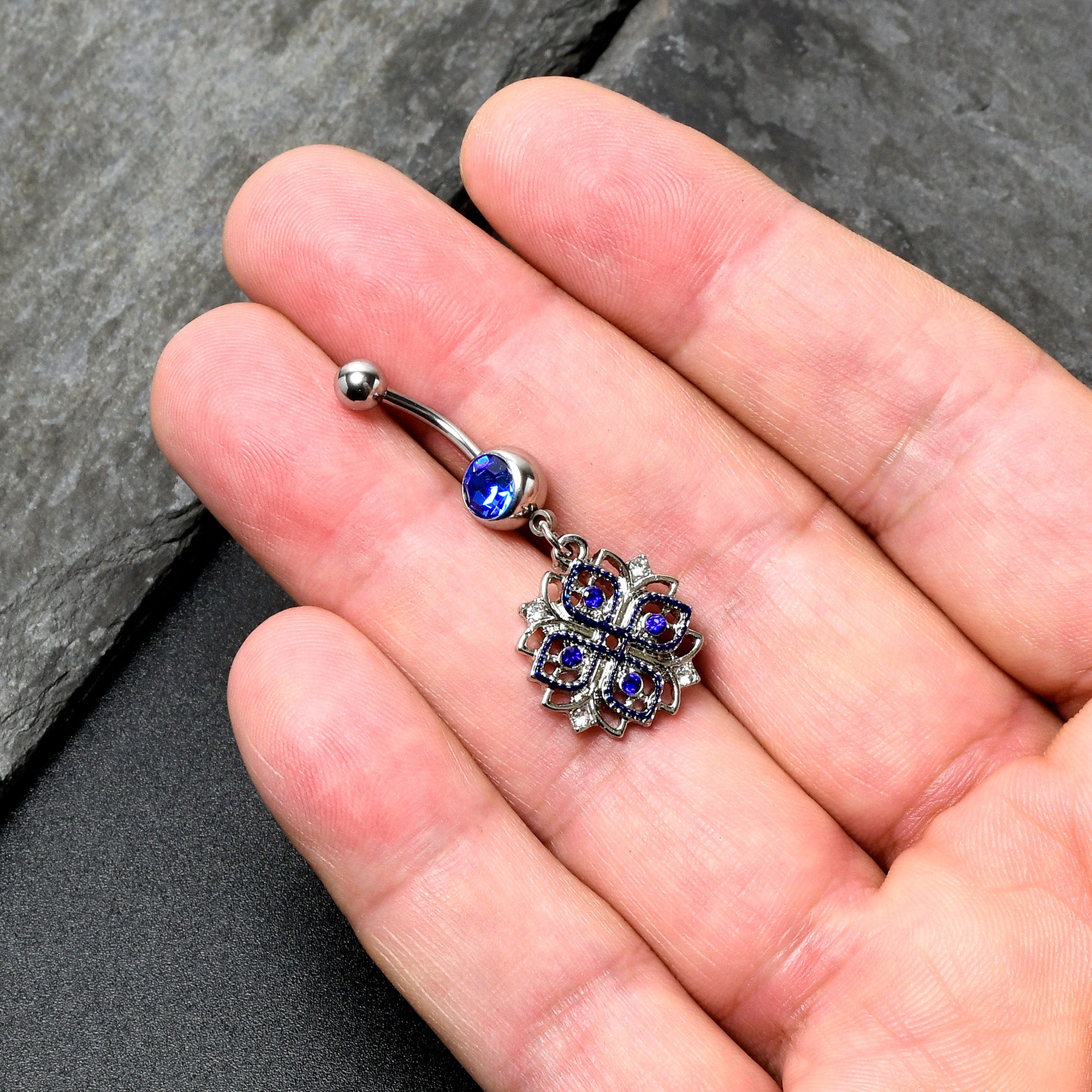 Clear Blue Gem Embellished Cross Dangle Belly Ring