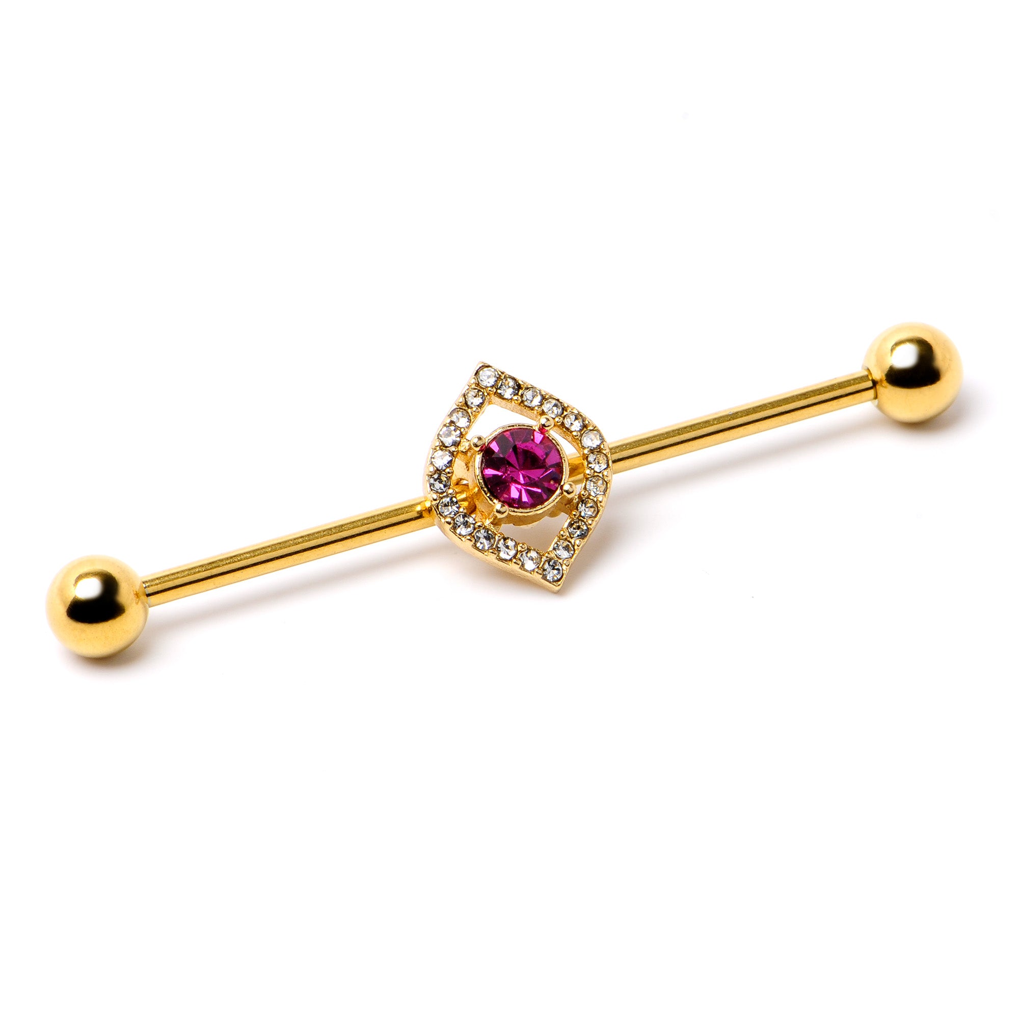 14G Clear Pink Gem Gold Tone Open Eye Industrial Barbell 38mm