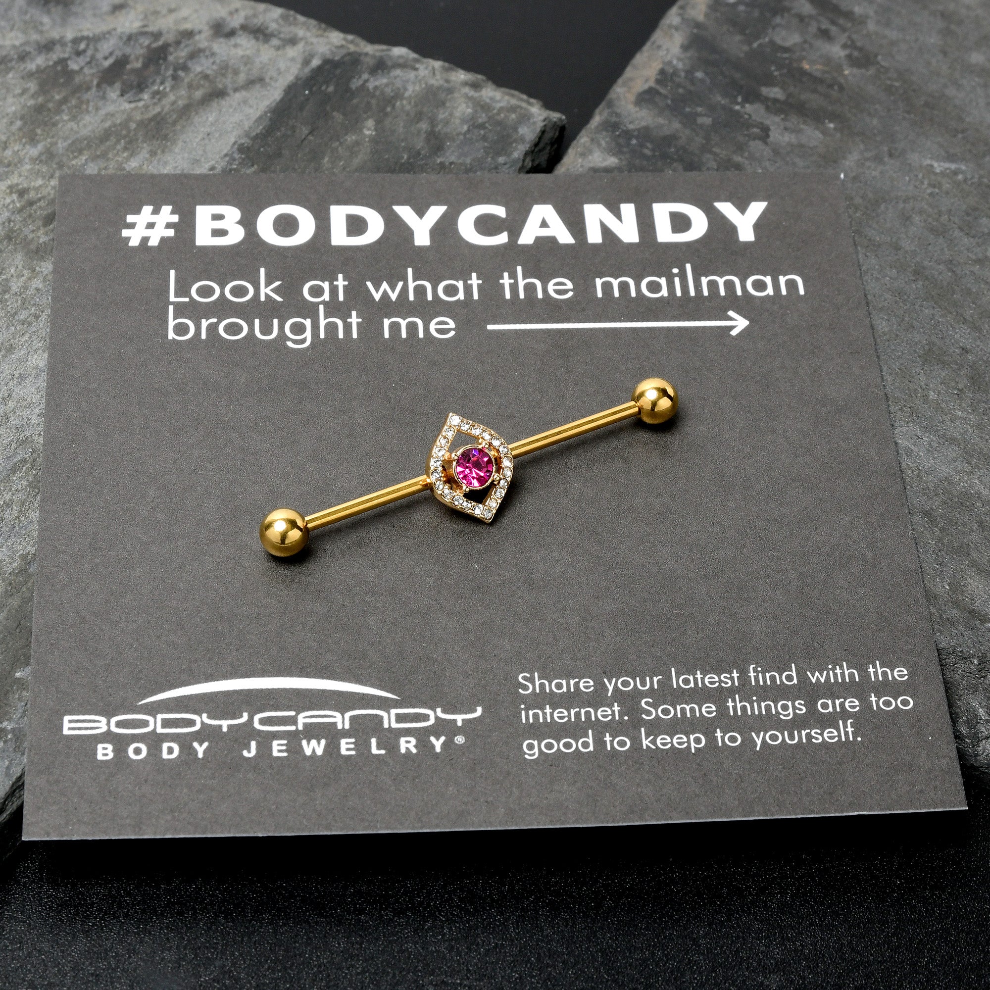 14G Clear Pink Gem Gold Tone Open Eye Industrial Barbell 38mm