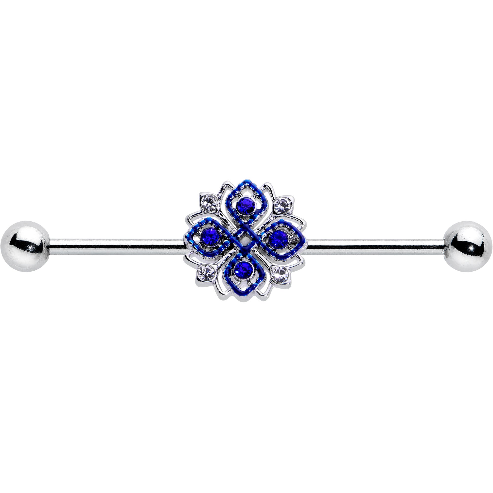 14G Clear Blue Gem Embellished Cross Industrial Barbell 38mm