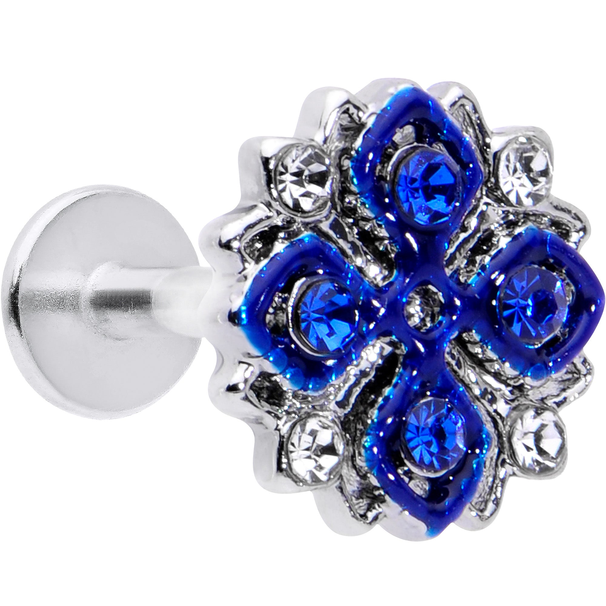 16G 1/4 Clear Blue Gem Embellished Cross Labret