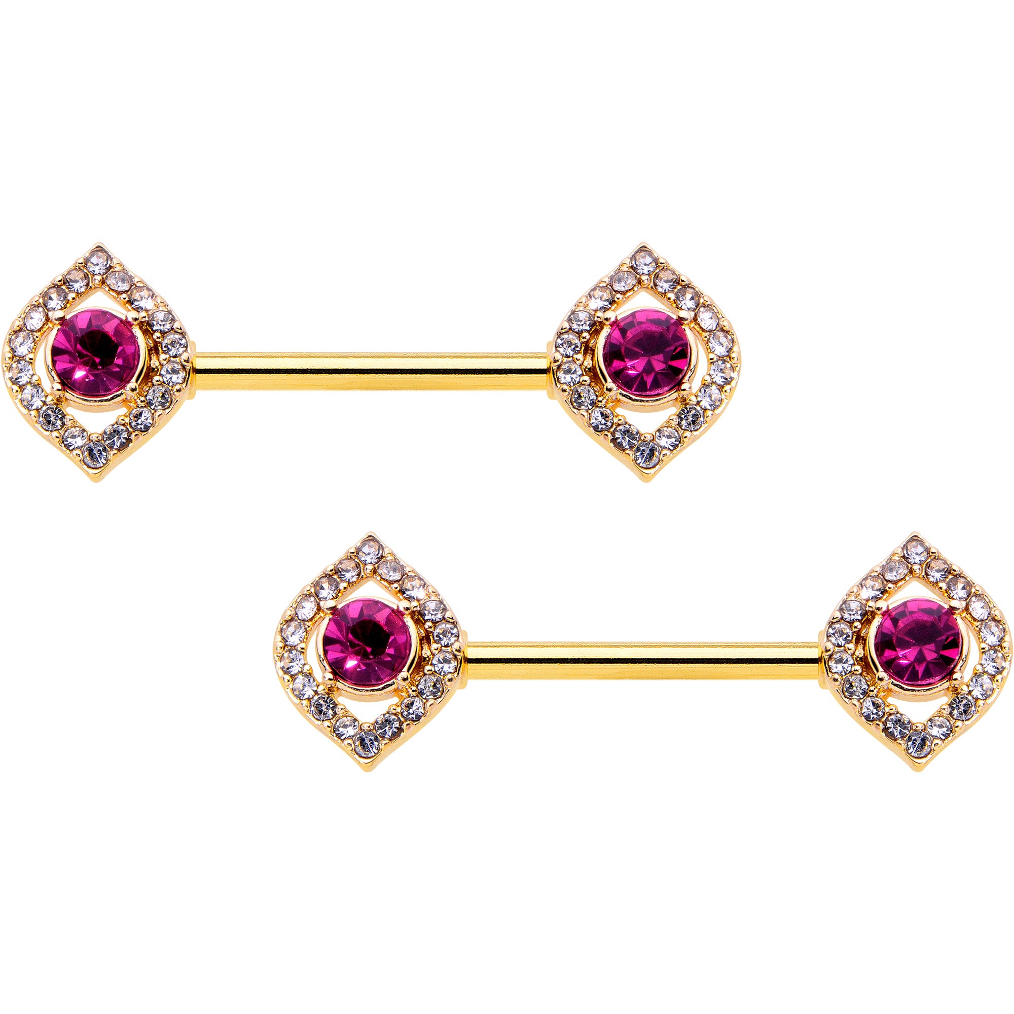 14G 9/16 Clear Pink Gem Gold Tone Open Eye Barbell Nipple Ring Set