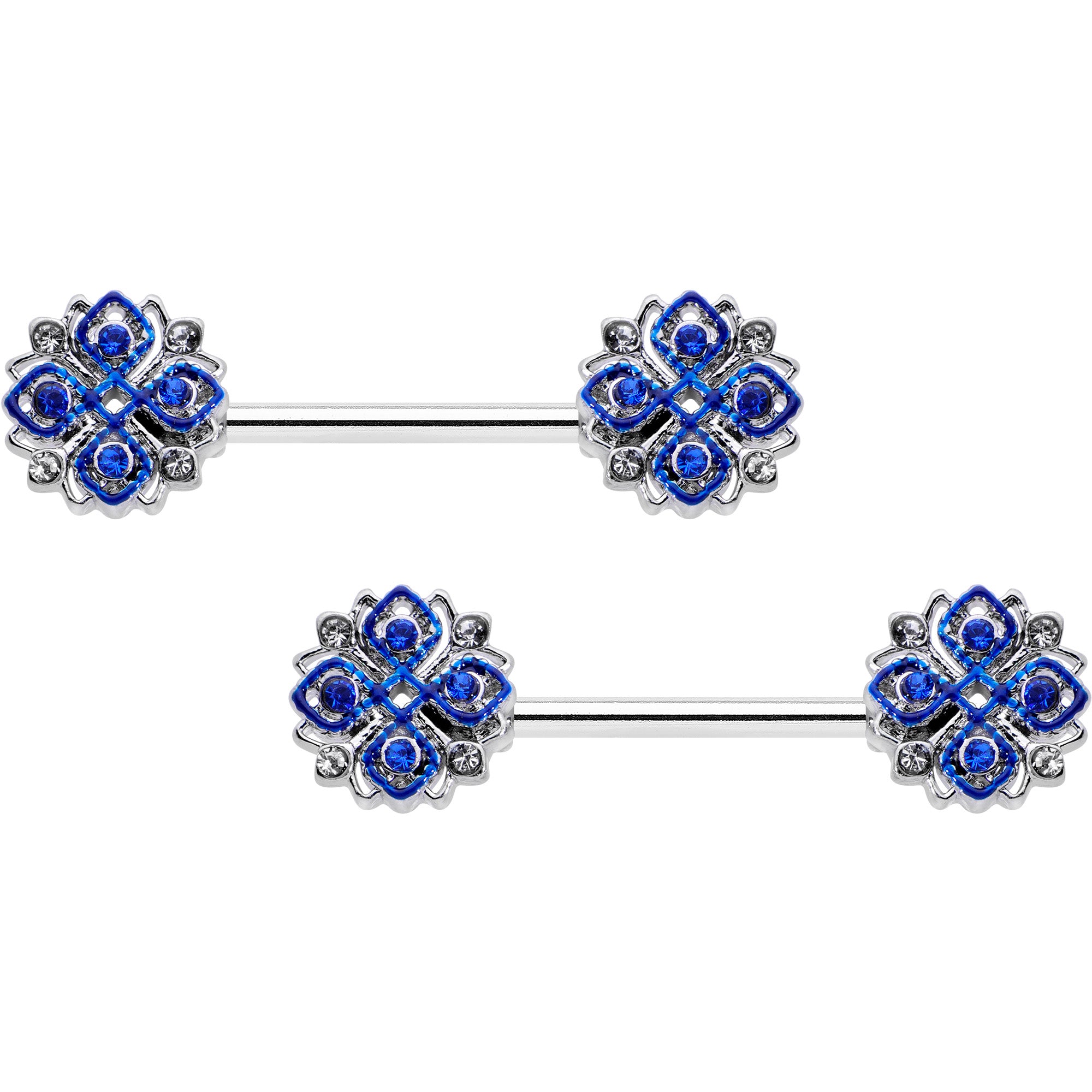 14G 9/16 Clear Blue Gem Embellished Cross Barbell Nipple Ring Set