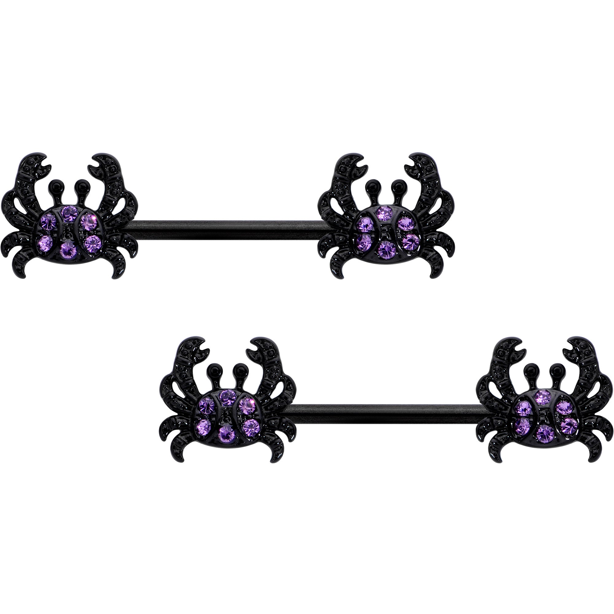 14G 9/16 Purple Gem Black Chic Crab Barbell Nipple Ring Set