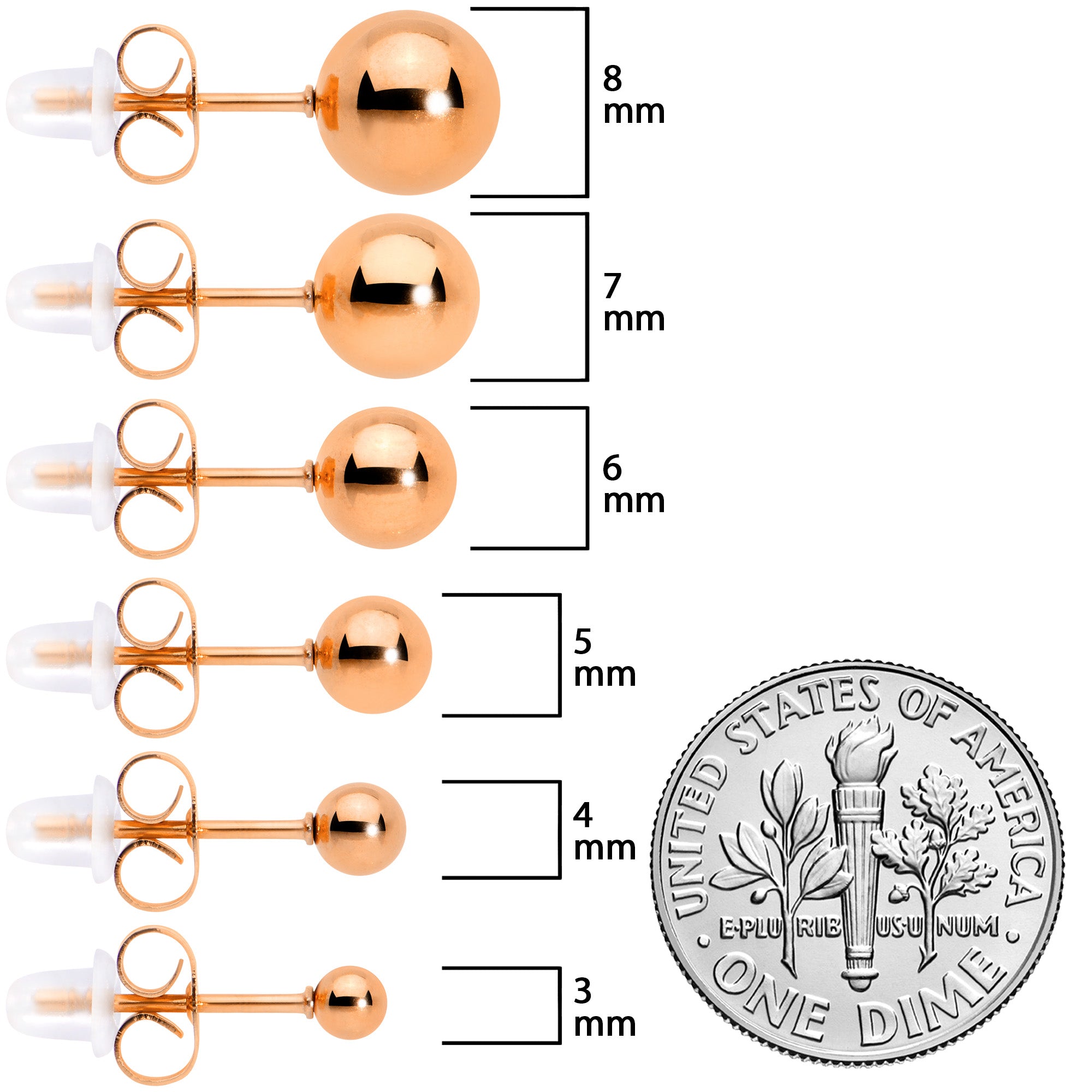 3mm-8mm Ball Stud Rose Gold Tone 316L Stainless Steel Earrings 6 Pack