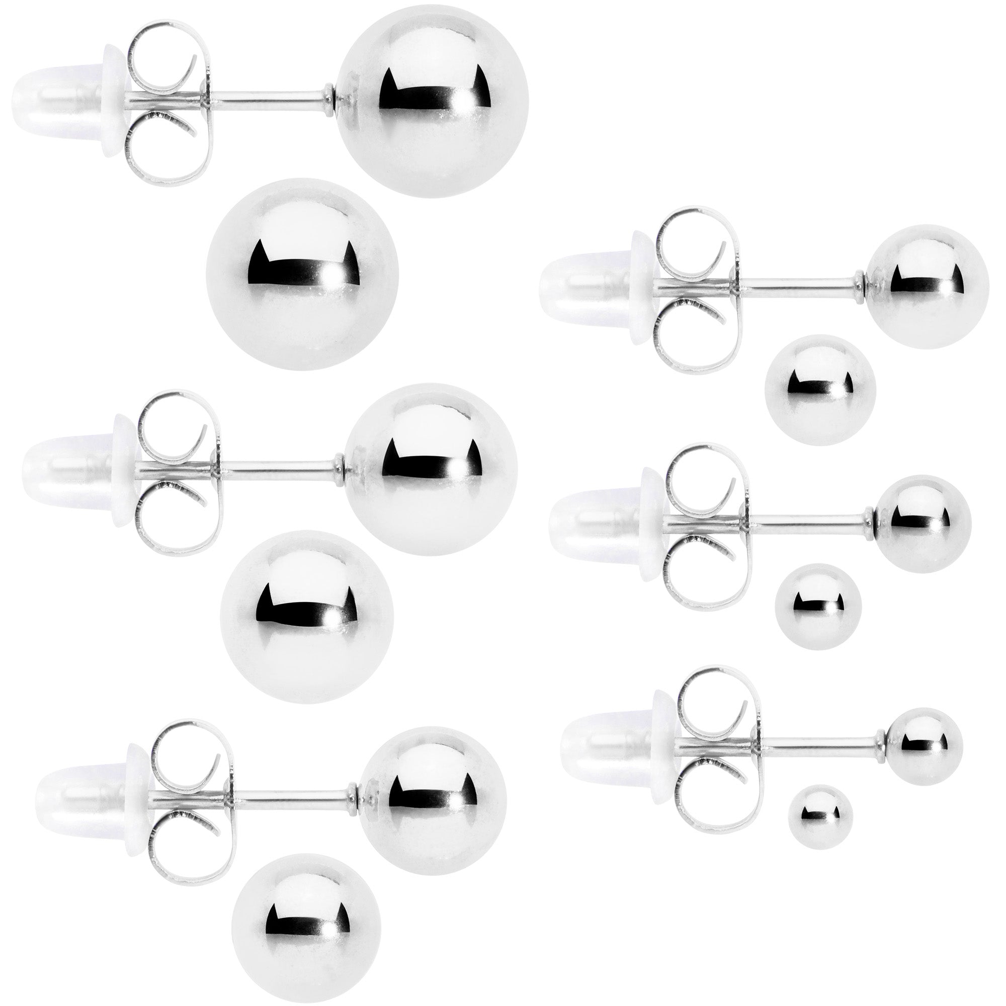 3mm-8mm Ball Stud 316L Stainless Steel Earrings 6 Pack