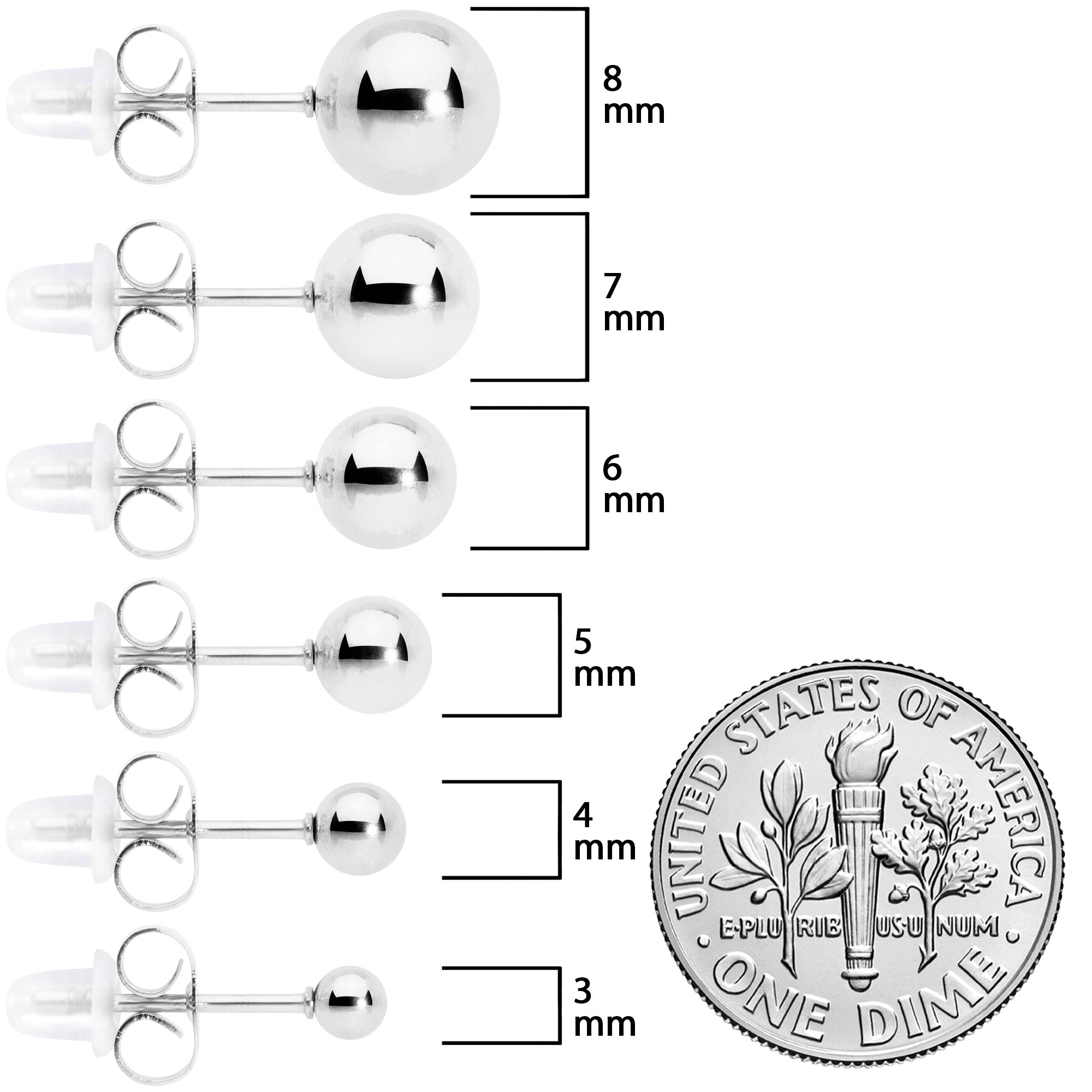 3mm-8mm Ball Stud 316L Stainless Steel Earrings 6 Pack
