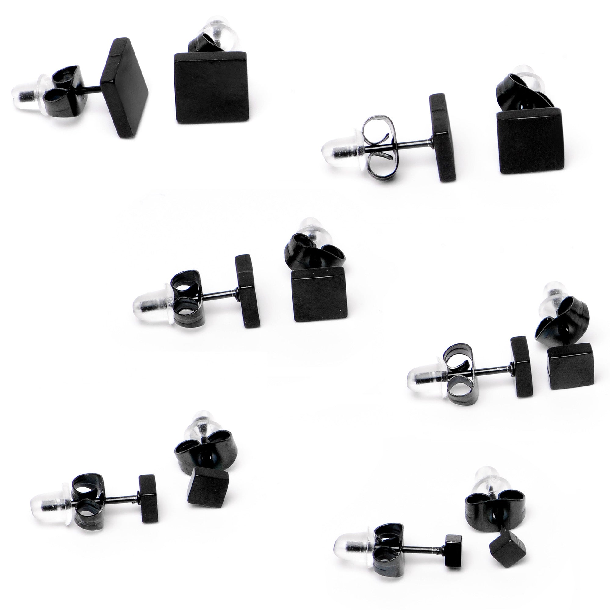 3mm-8mm Square Stud Black 316L Stainless Steel Earrings 6 Pack